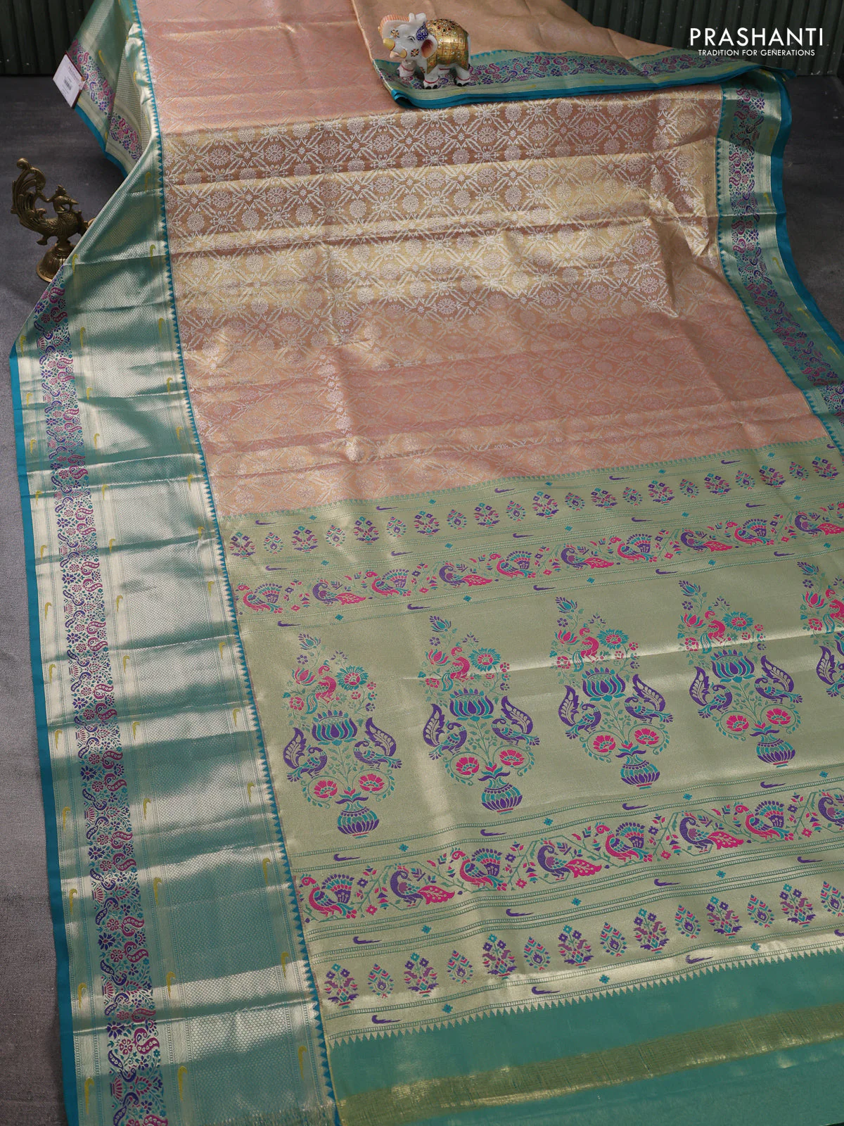 Tissue paithani silk saree dual shade of sandal and teal green with allover silver zari woven brocade weaves and long zari woven paithani style border - Image 2