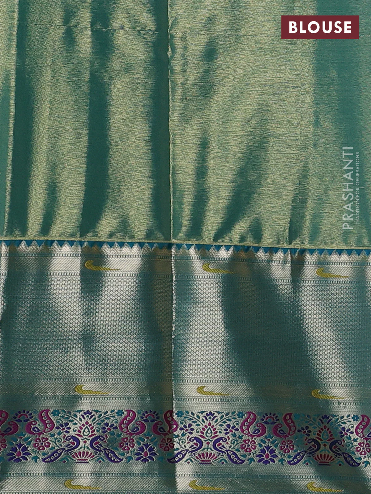 Tissue paithani silk saree dual shade of sandal and teal green with allover silver zari woven brocade weaves and long zari woven paithani style border - Image 3