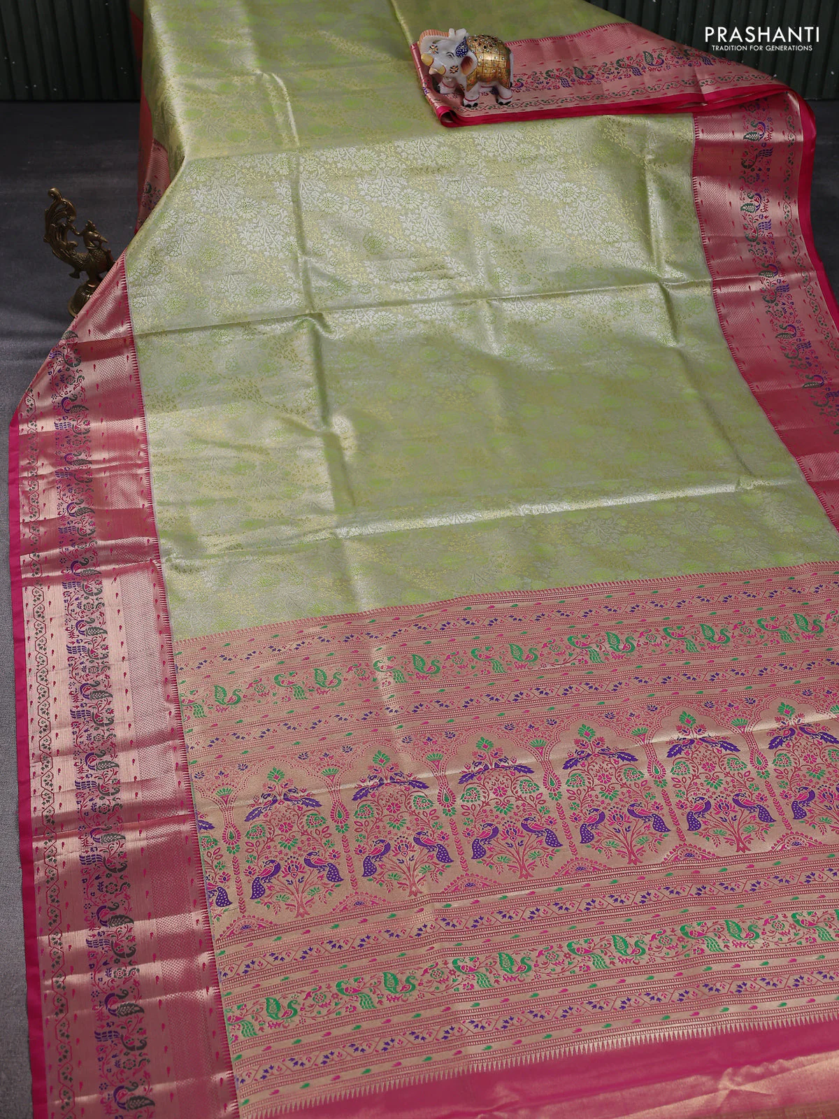Tissue paithani silk saree fluorescent green and pink with allover zari woven brocade weaves and zari woven paithani style border - Image 2