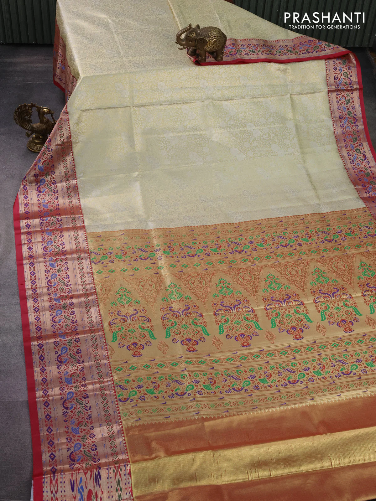 Tissue paithani silk saree gold and pink with allover silver zari woven brocade weaves and zari woven paithani style border - Image 2