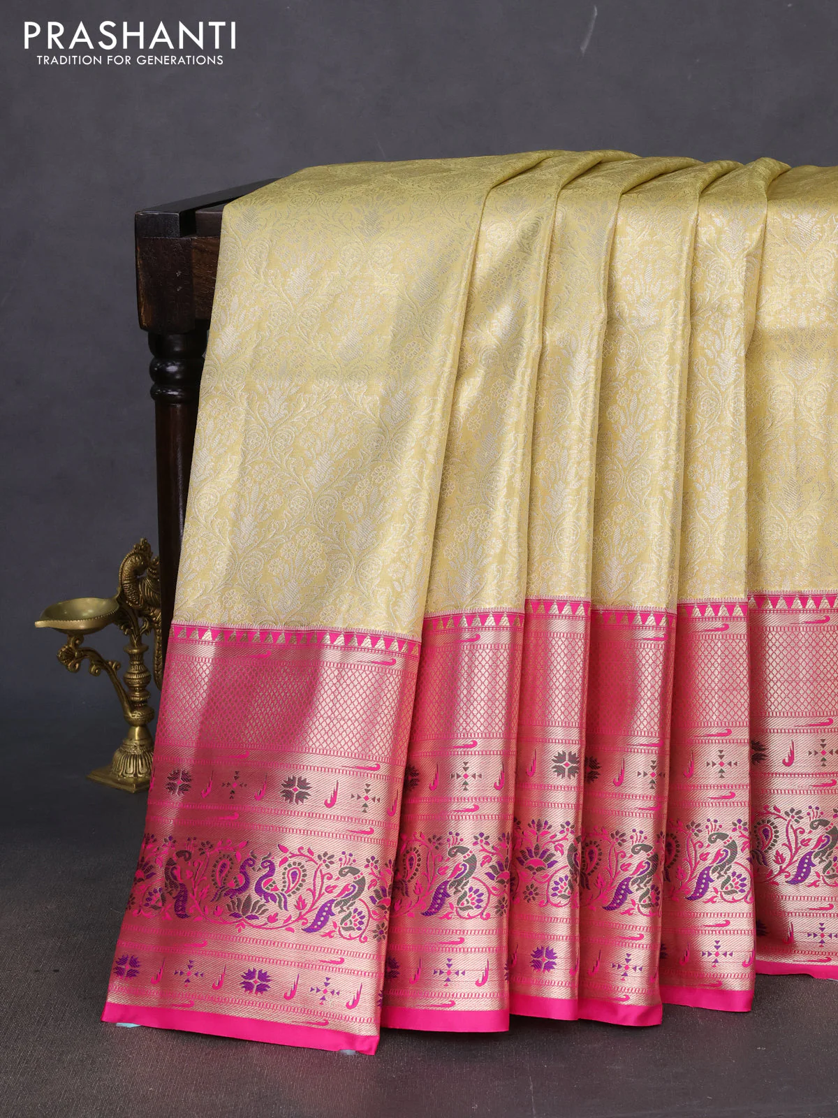 Tissue paithani silk saree gold and pink with allover zari woven brocade weaves and long zari woven paithani style border