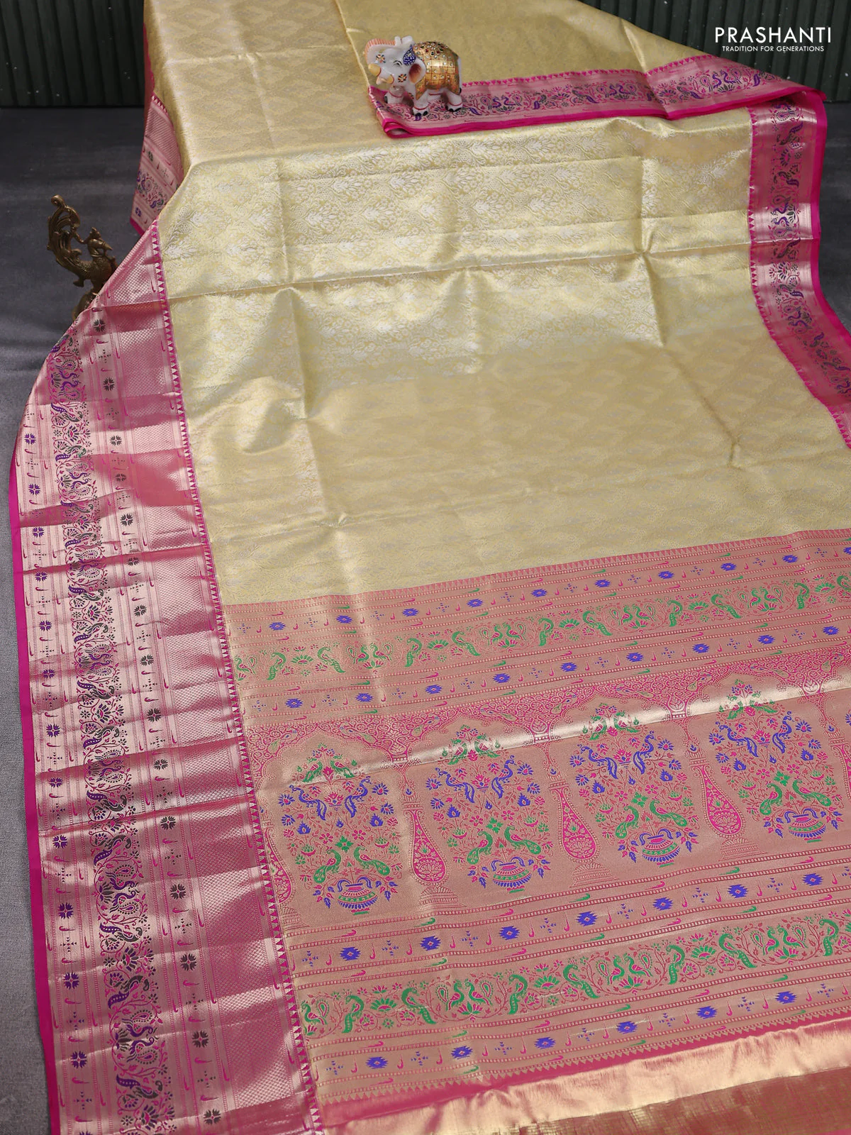 Tissue paithani silk saree gold and pink with allover zari woven brocade weaves and long zari woven paithani style border - Image 2