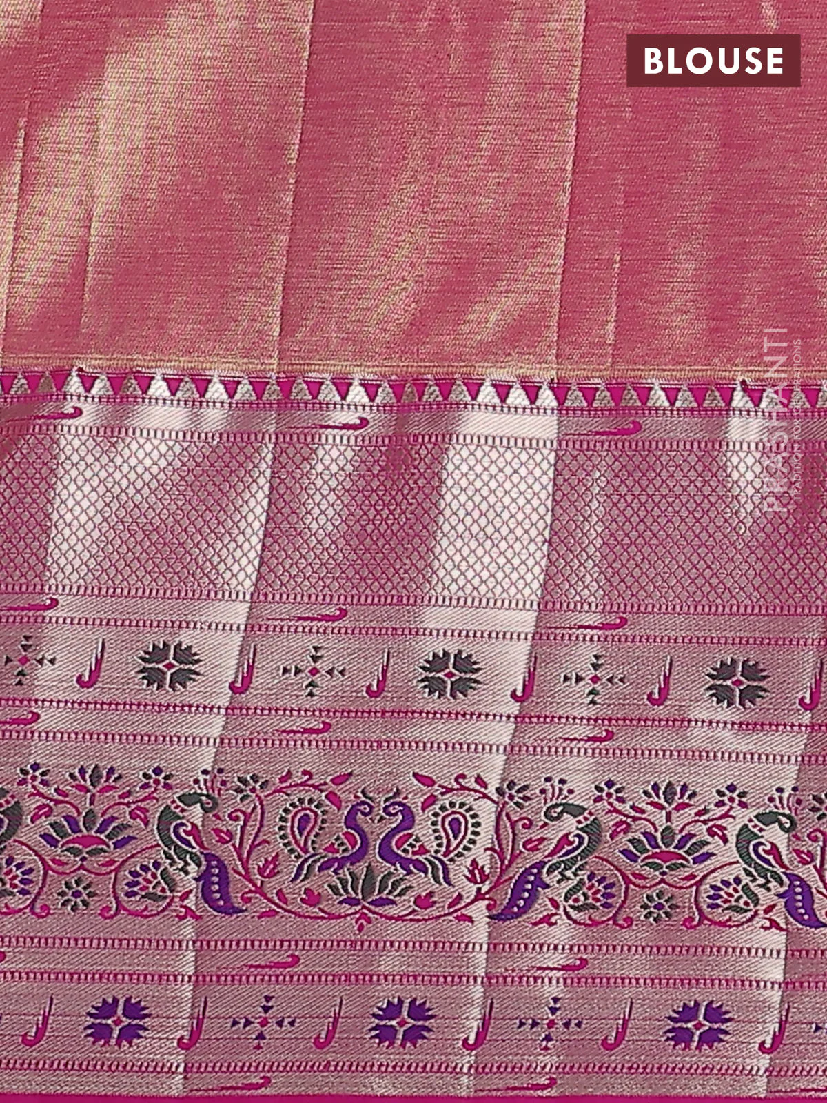 Tissue paithani silk saree gold and pink with allover zari woven brocade weaves and long zari woven paithani style border - Image 3