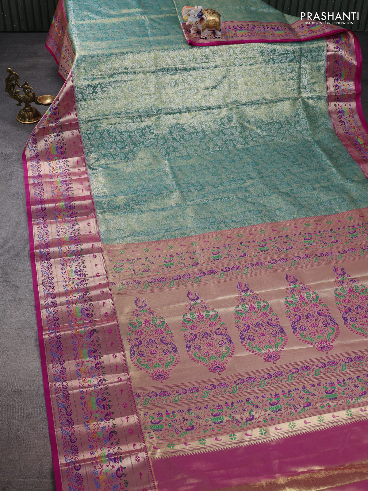 Tissue paithani silk saree green and magenta pink with allover silver zari woven brocade weaves and zari woven paithani style border - Image 2