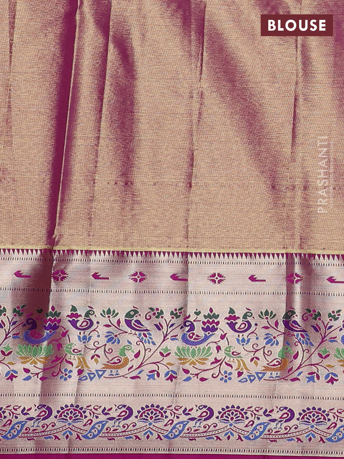 Tissue paithani silk saree green and magenta pink with allover silver zari woven brocade weaves and zari woven paithani style border - Image 3