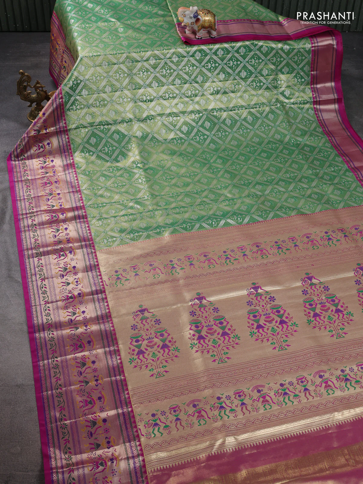 Tissue paithani silk saree green and magenta pink with allover silver zari woven brocade weaves and long zari woven paithani style border - Image 2