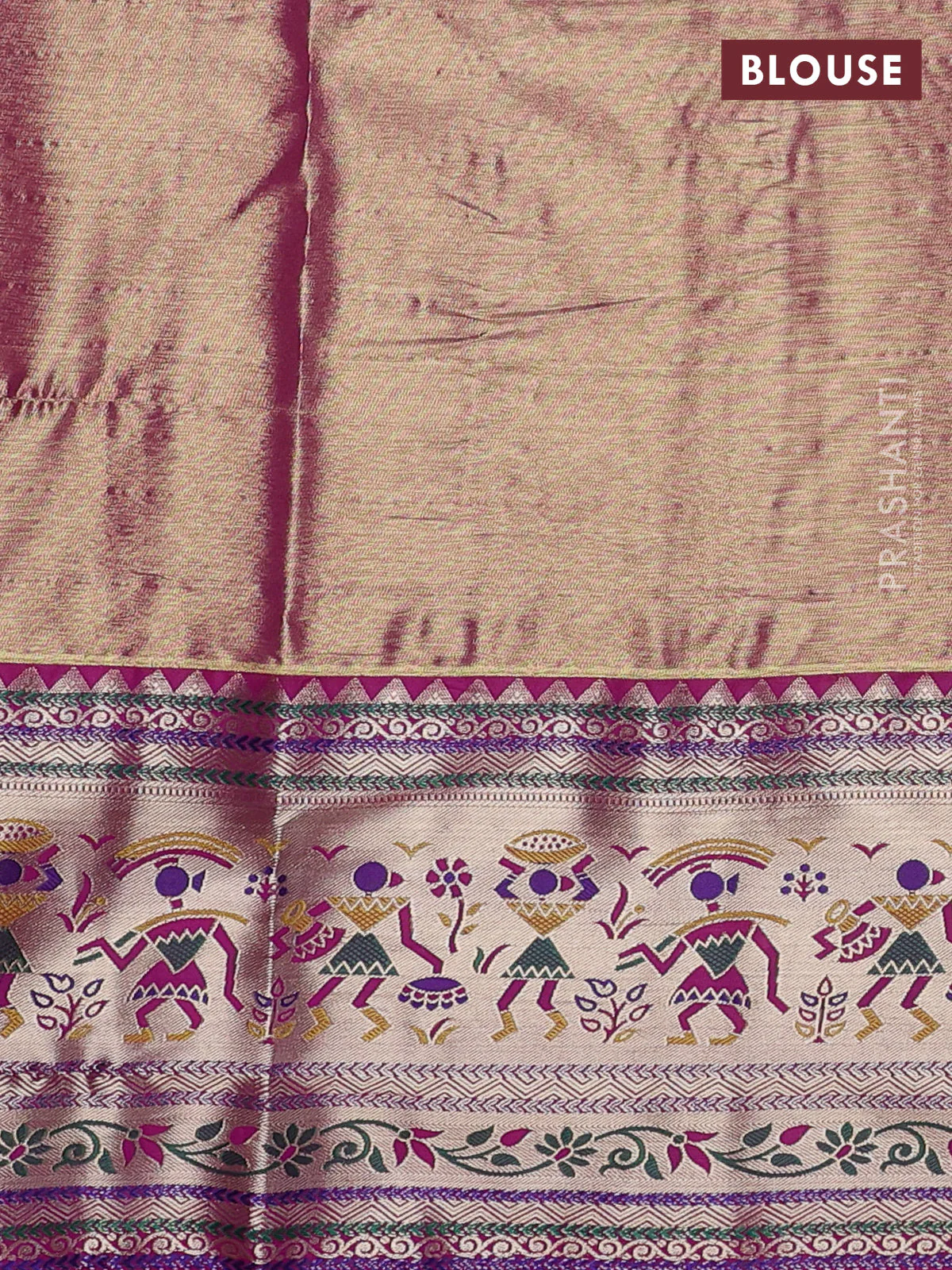 Tissue paithani silk saree green and magenta pink with allover silver zari woven brocade weaves and long zari woven paithani style border - Image 3