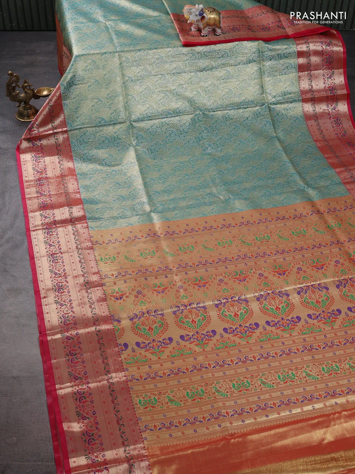 Tissue paithani silk saree green and pink with allover silver zari woven brocade weaves and zari woven paithani style border - Image 2