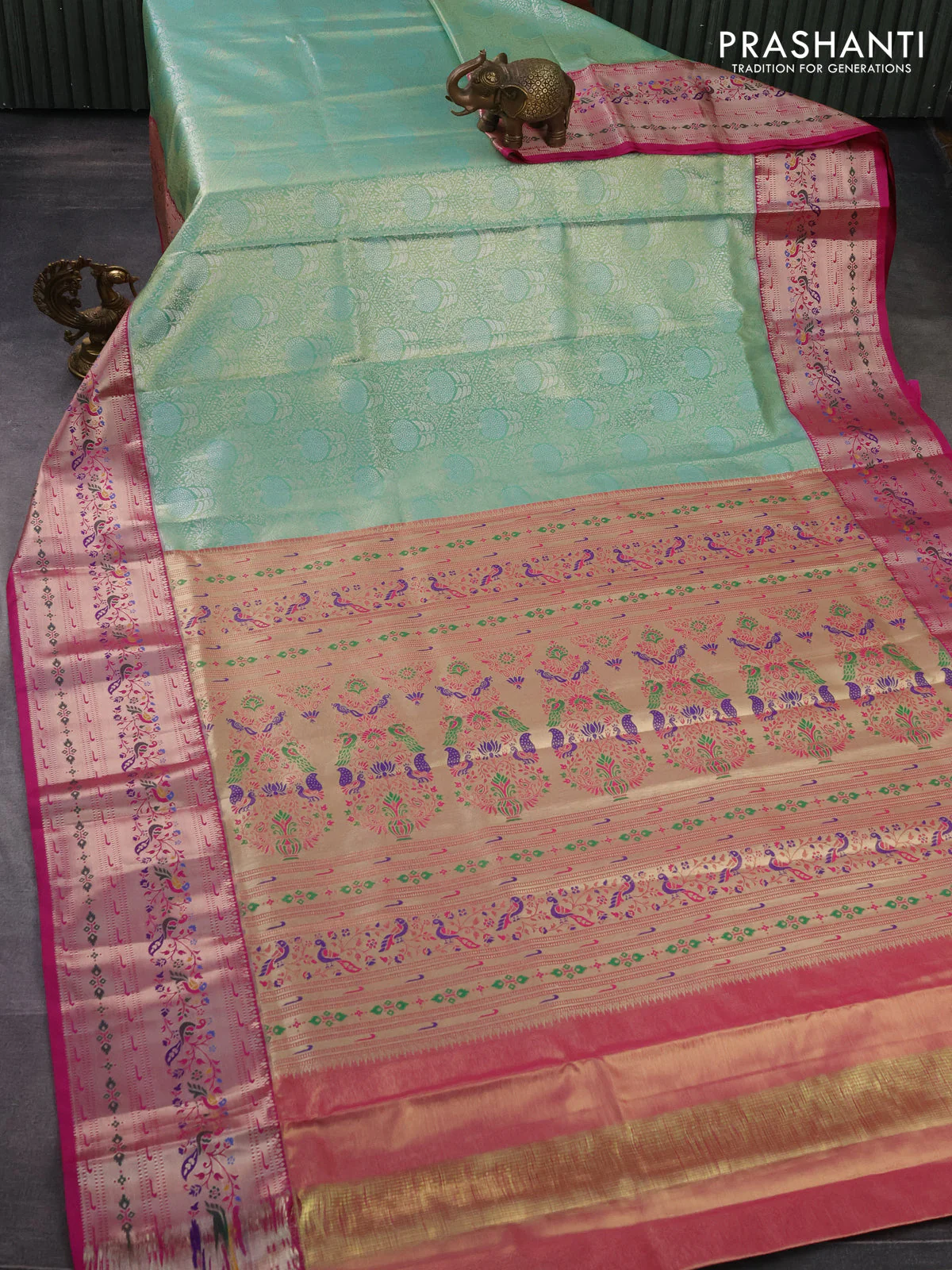 Tissue paithani silk saree green and pink with allover silver zari woven brocade weaves and zari woven paithani style border - Image 2