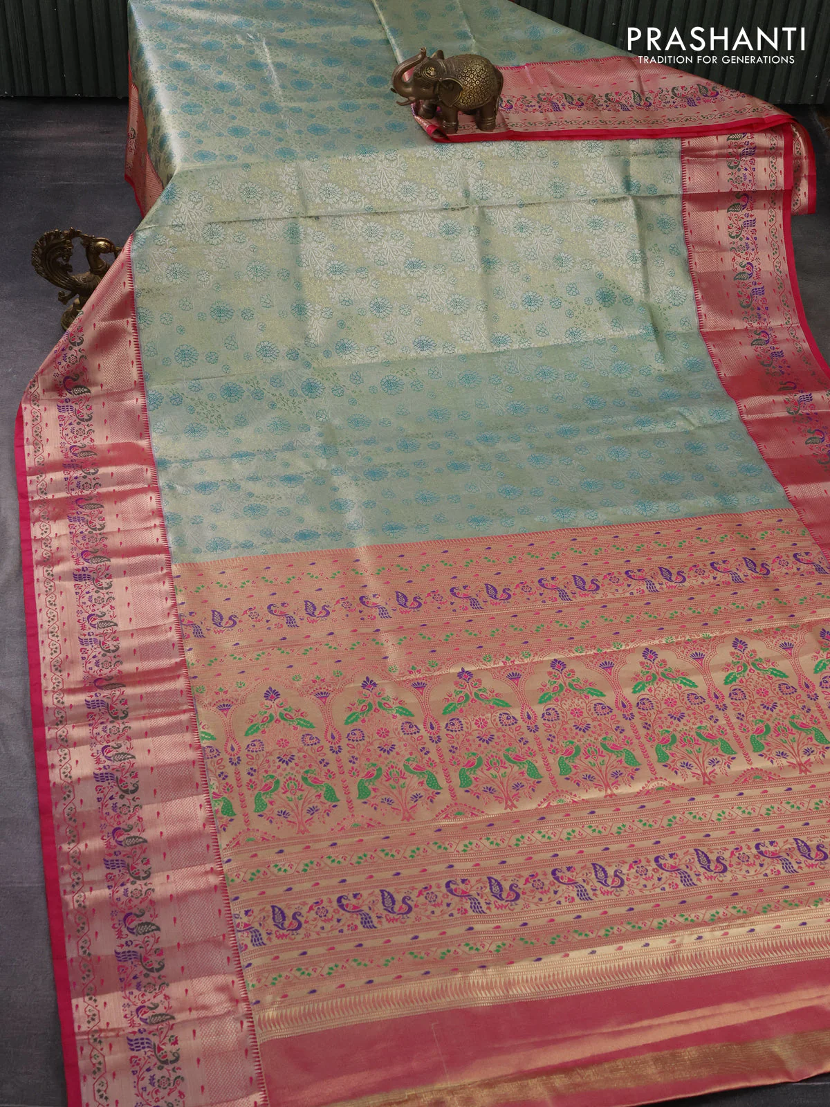 Tissue paithani silk saree green and pink with allover silver zari woven brocade weaves and zari woven paithani style border - Image 2
