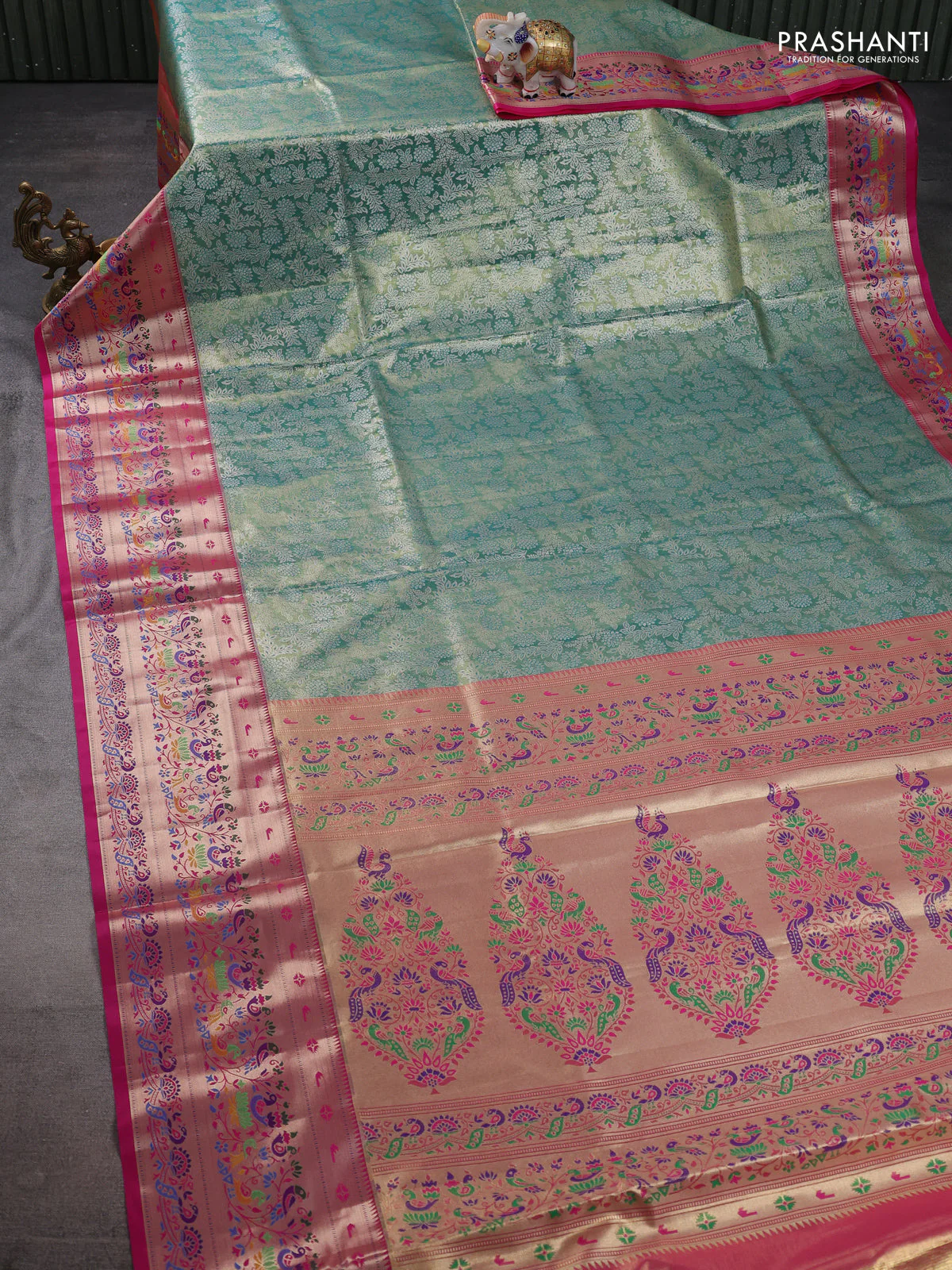 Tissue paithani silk saree green and pink with allover silver zari woven brocade weaves and zari woven paithani style border - Image 2