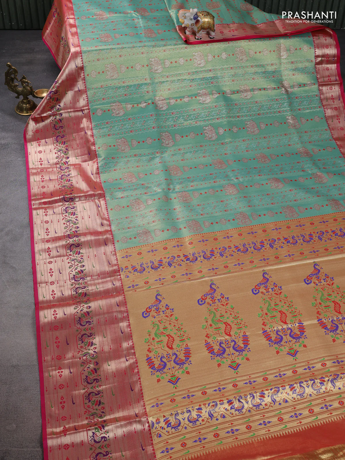 Tissue paithani silk saree green and pink with allover zari woven brocade weaves and long zari woven paithani style border - Image 2