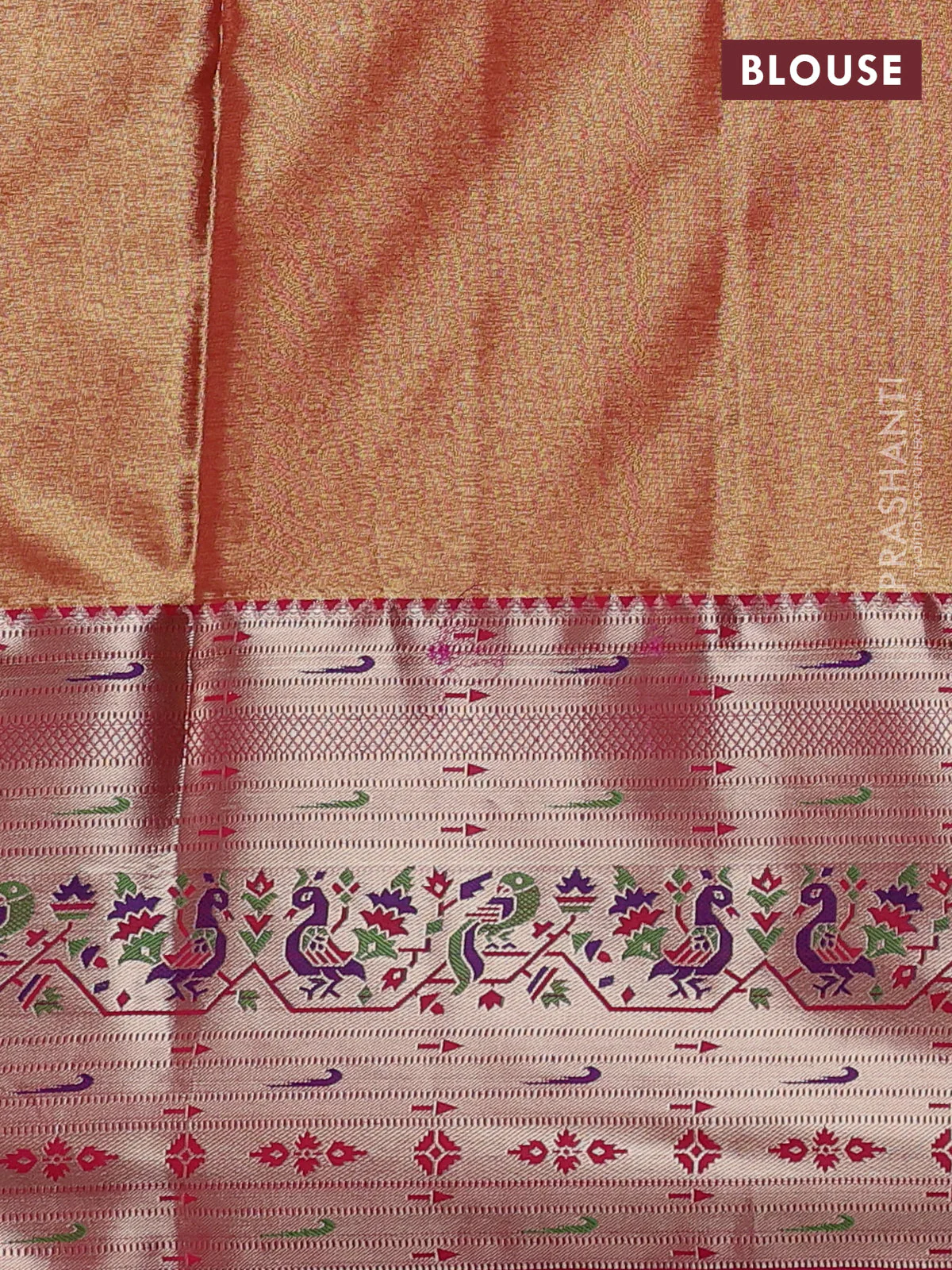 Tissue paithani silk saree green and pink with allover zari woven brocade weaves and long zari woven paithani style border - Image 3