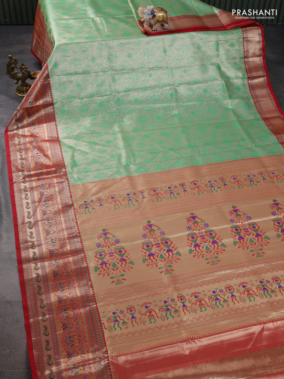 Tissue paithani silk saree green and red with allover zari woven brocade weaves and long zari woven paithani style border - Image 2