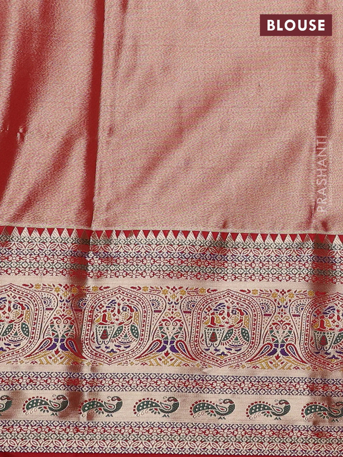 Tissue paithani silk saree green and red with allover zari woven brocade weaves and long zari woven paithani style border - Image 3
