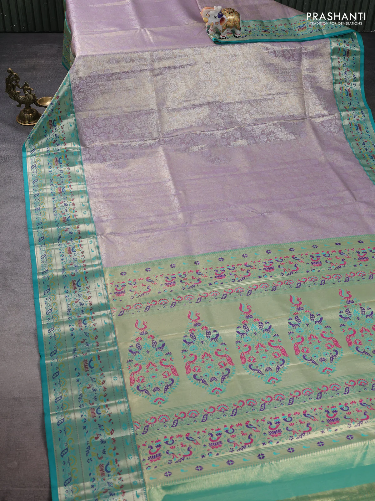 Tissue paithani silk saree lavender and teal green with allover silver zari woven brocade weaves and zari woven paithani style border - Image 2