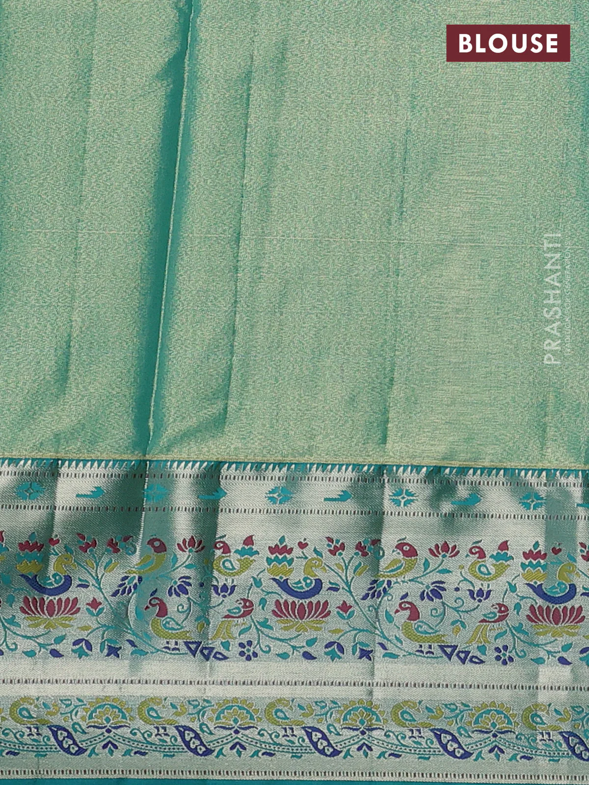 Tissue paithani silk saree lavender and teal green with allover silver zari woven brocade weaves and zari woven paithani style border - Image 3