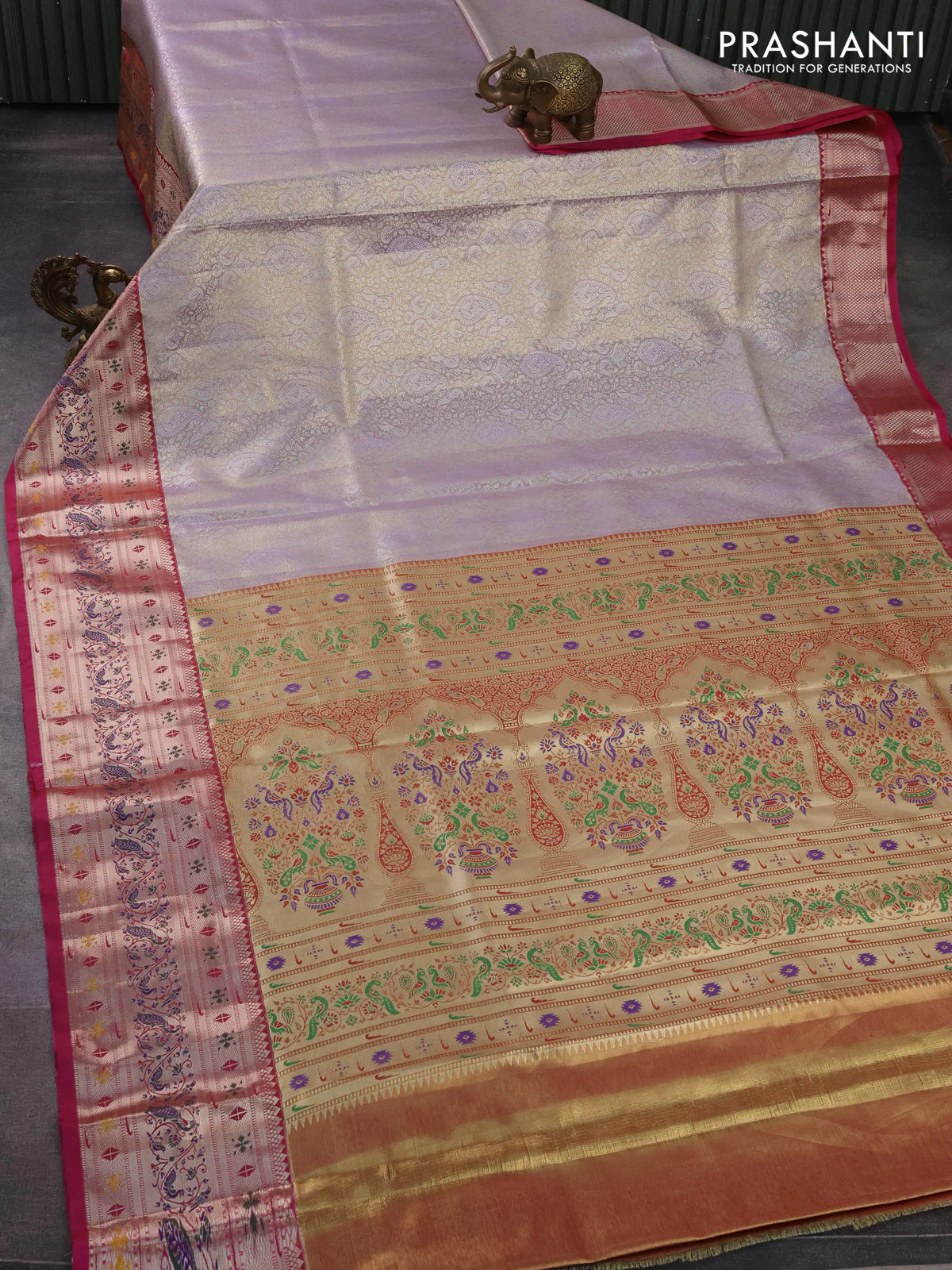 Tissue paithani silk saree lavender shade and pink with allover silver zari woven brocade weaves and zari woven paithani style border - Image 2