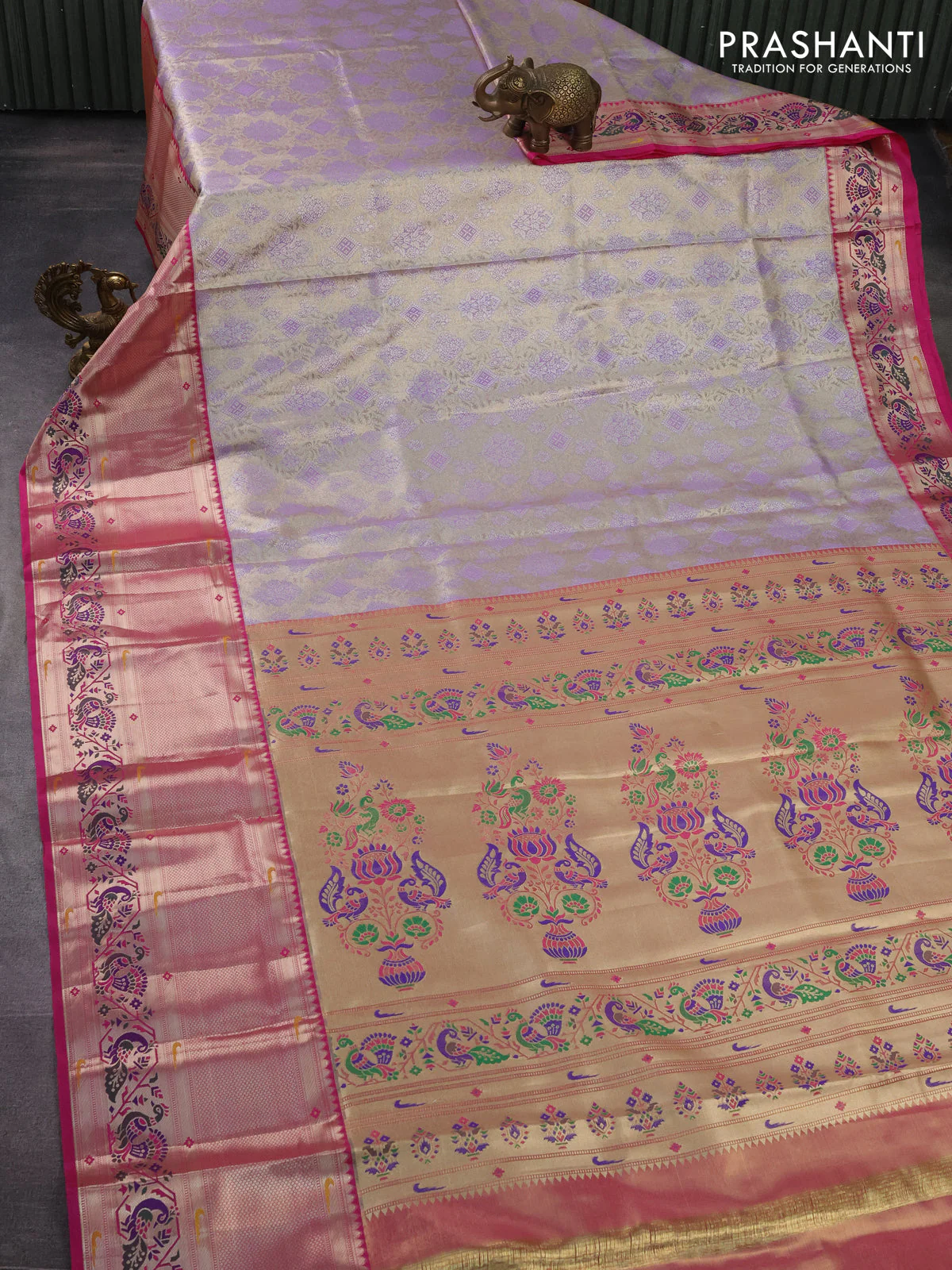 Tissue paithani silk saree lavender shade and pink with allover zari woven brocade weaves and long zari woven paithani style border - Image 2