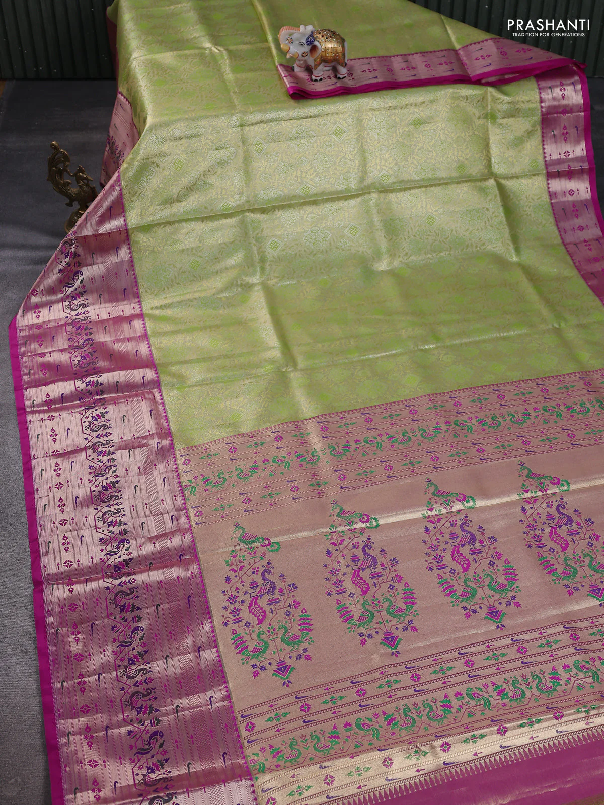 Tissue paithani silk saree light green and magenta pink with allover zari woven brocade weaves and long zari woven paithani style border - Image 2
