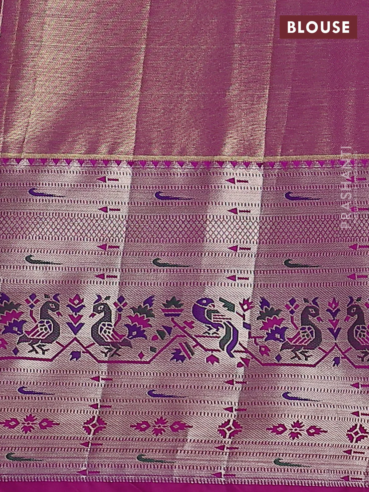 Tissue paithani silk saree light green and magenta pink with allover zari woven brocade weaves and long zari woven paithani style border - Image 3