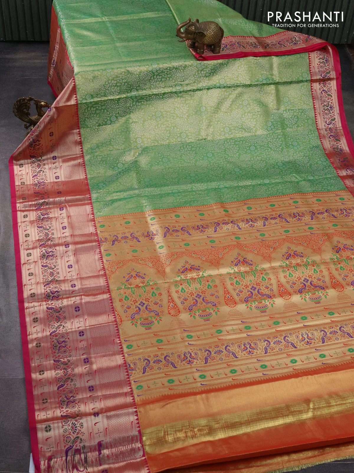 Tissue paithani silk saree light green and pink with allover silver zari woven brocade weaves and long zari woven paithani style border - Image 2