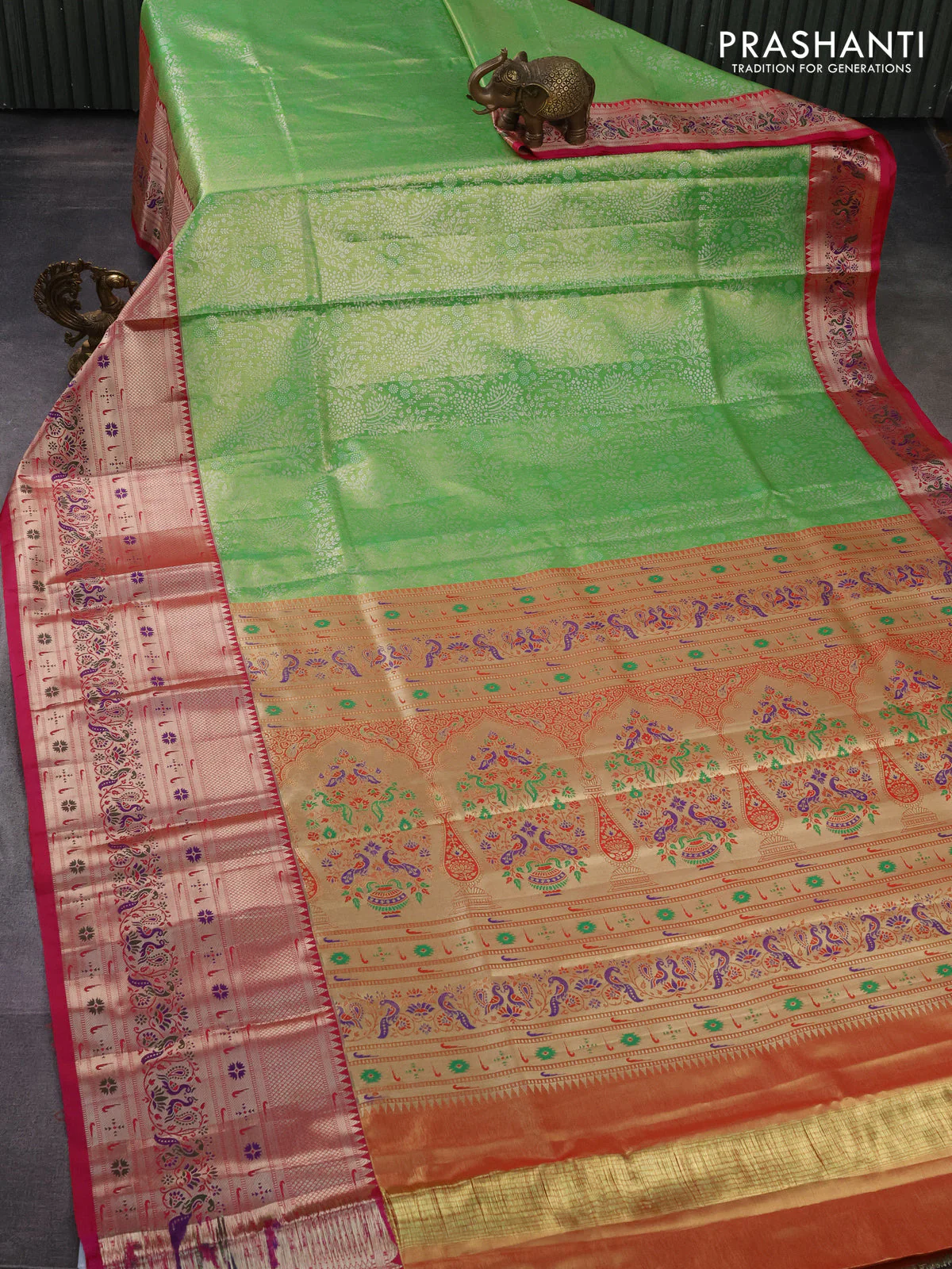 Tissue paithani silk saree light green and pink with allover silver zari woven brocade weaves and long zari woven paithani style border - Image 2