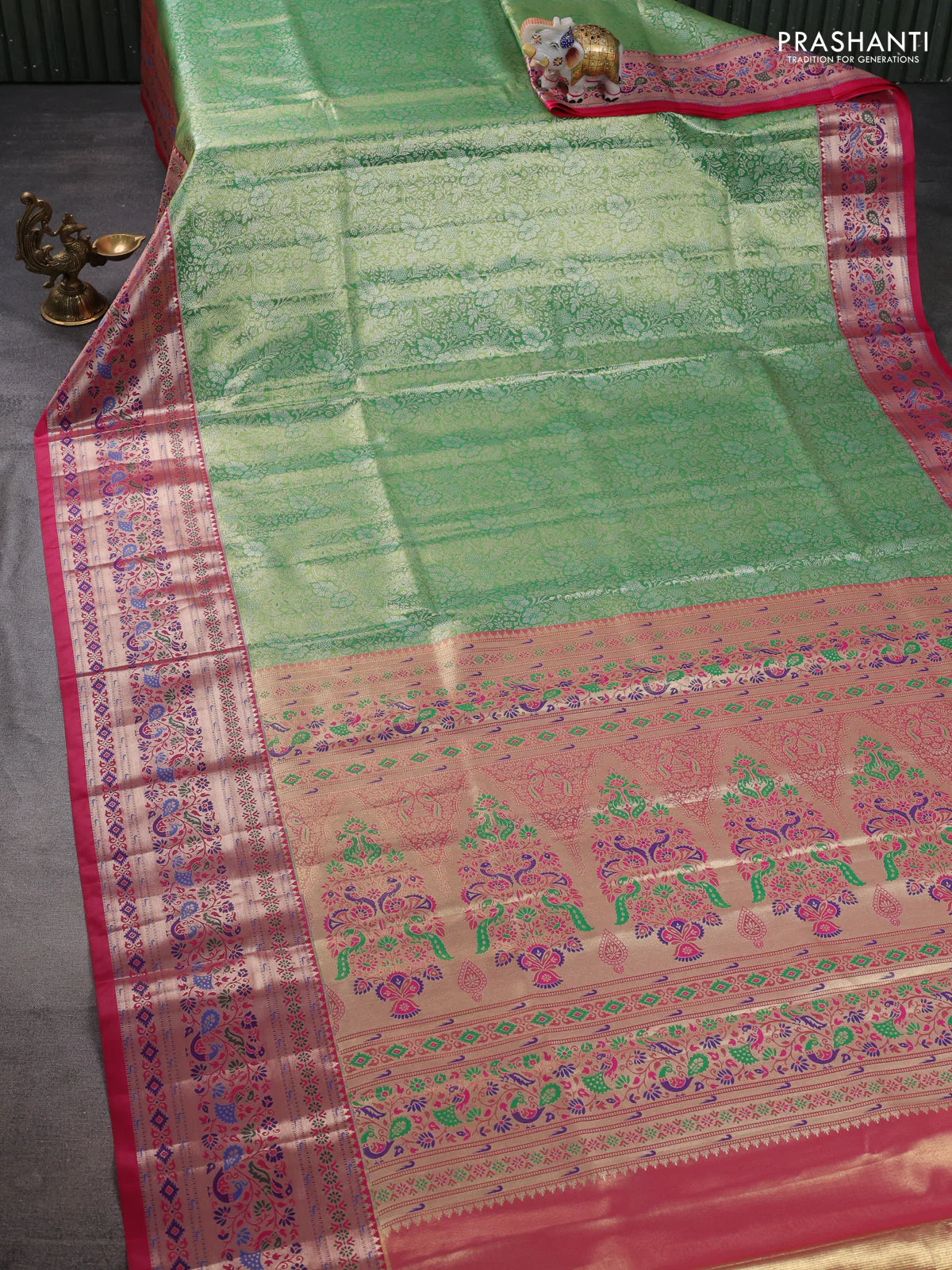 Tissue paithani silk saree light green and pink with allover silver zari woven brocade weaves and zari woven paithani style border - Image 2
