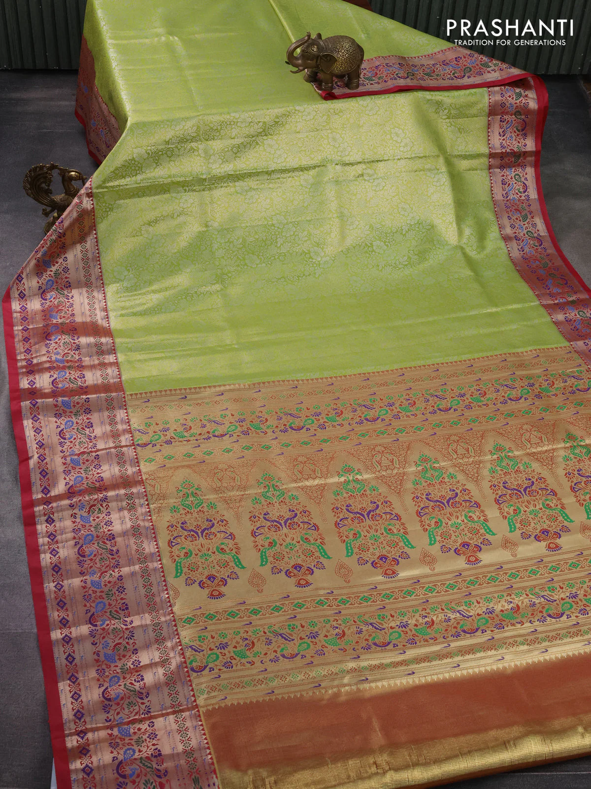 Tissue paithani silk saree light green and pink with allover silver zari woven brocade weaves and zari woven paithani style border - Image 2