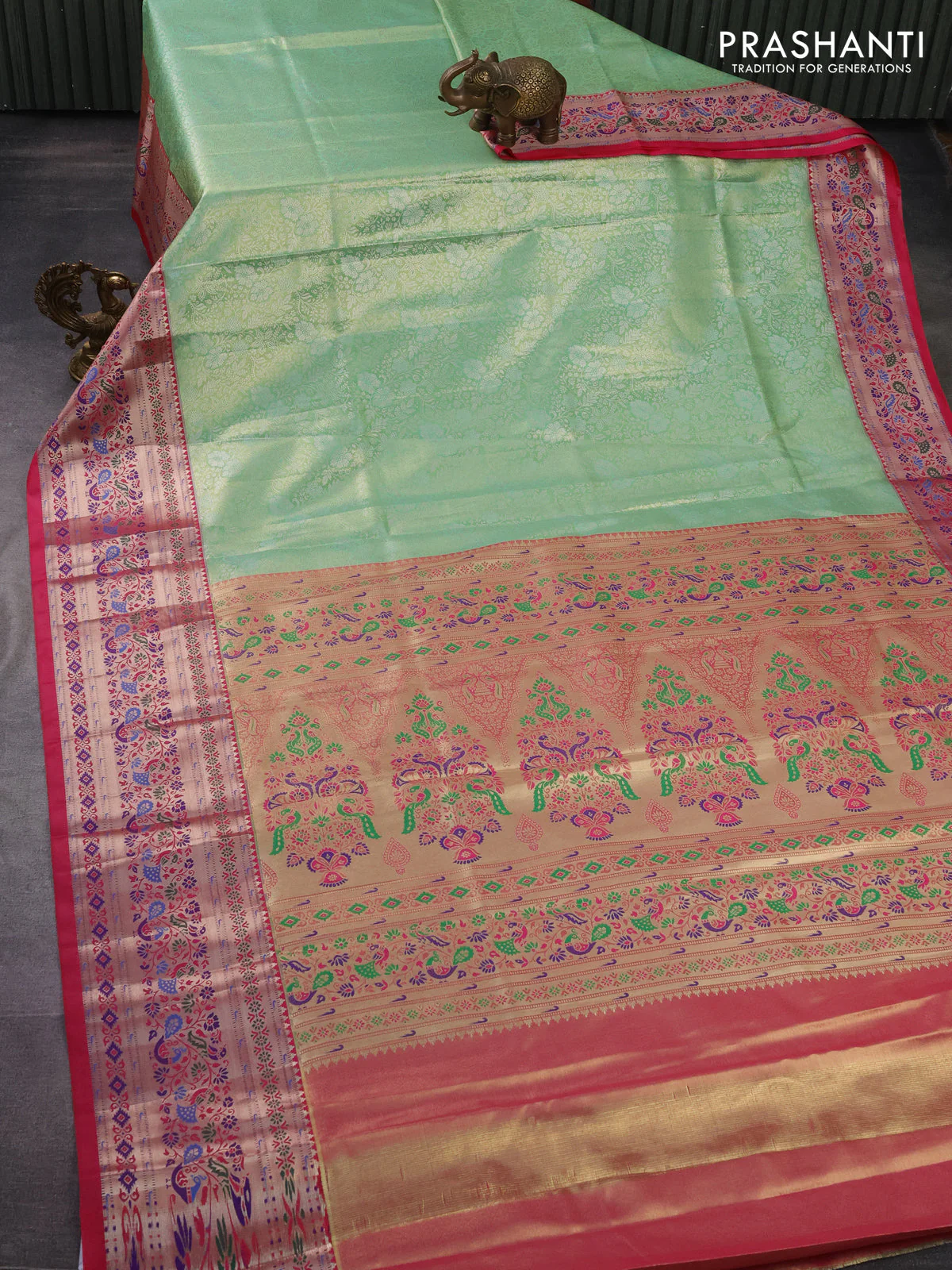 Tissue paithani silk saree light green and pink with allover silver zari woven brocade weaves and zari woven paithani style border - Image 2