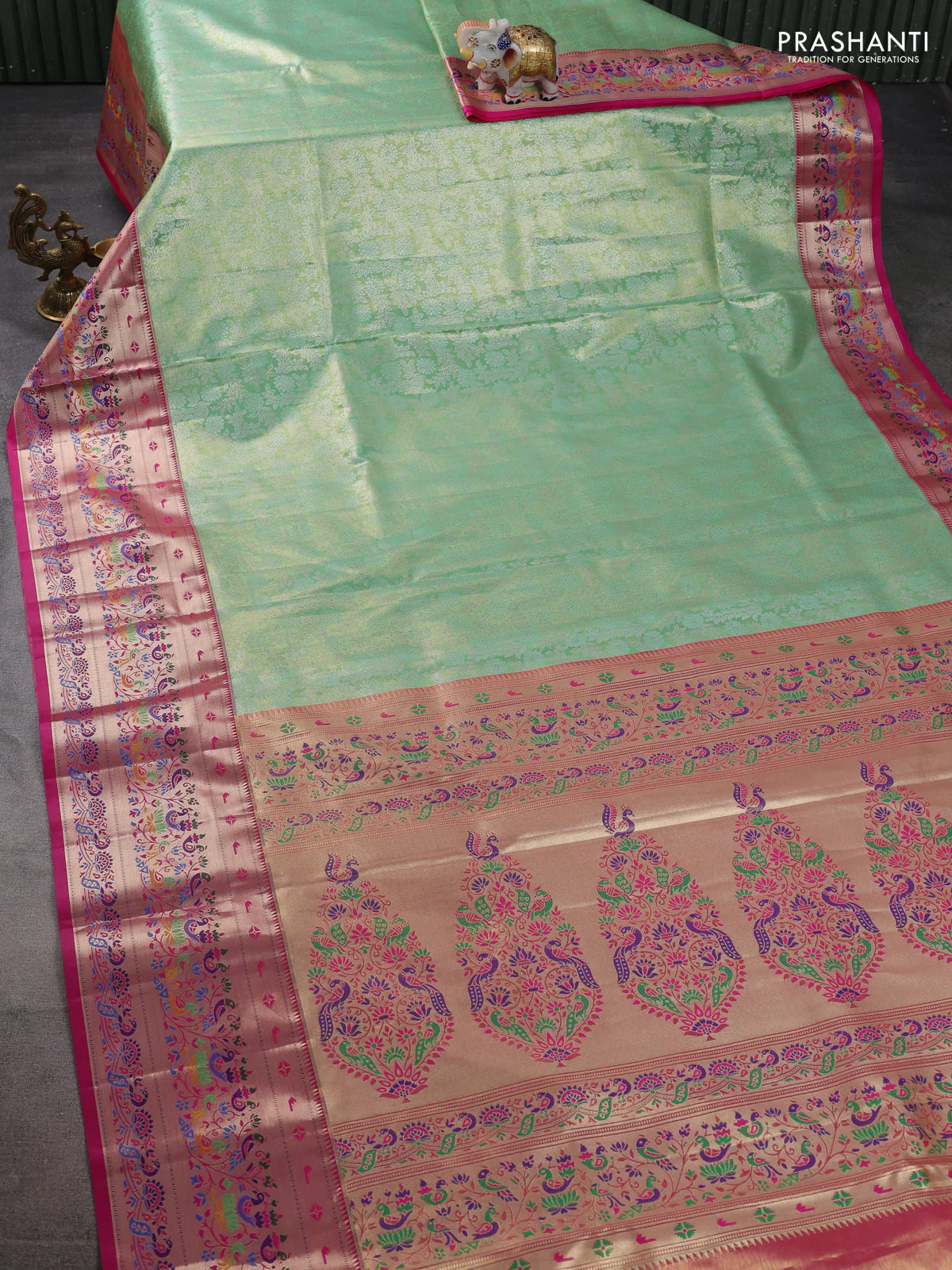 Tissue paithani silk saree light green and pink with allover silver zari woven brocade weaves and zari woven paithani style border - Image 2
