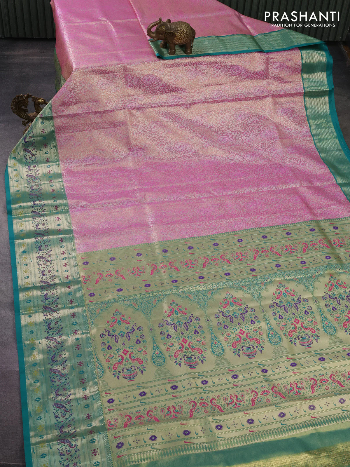 Tissue paithani silk saree light pink and teal green with allover silver zari woven brocade weaves and zari woven paithani style border - Image 2