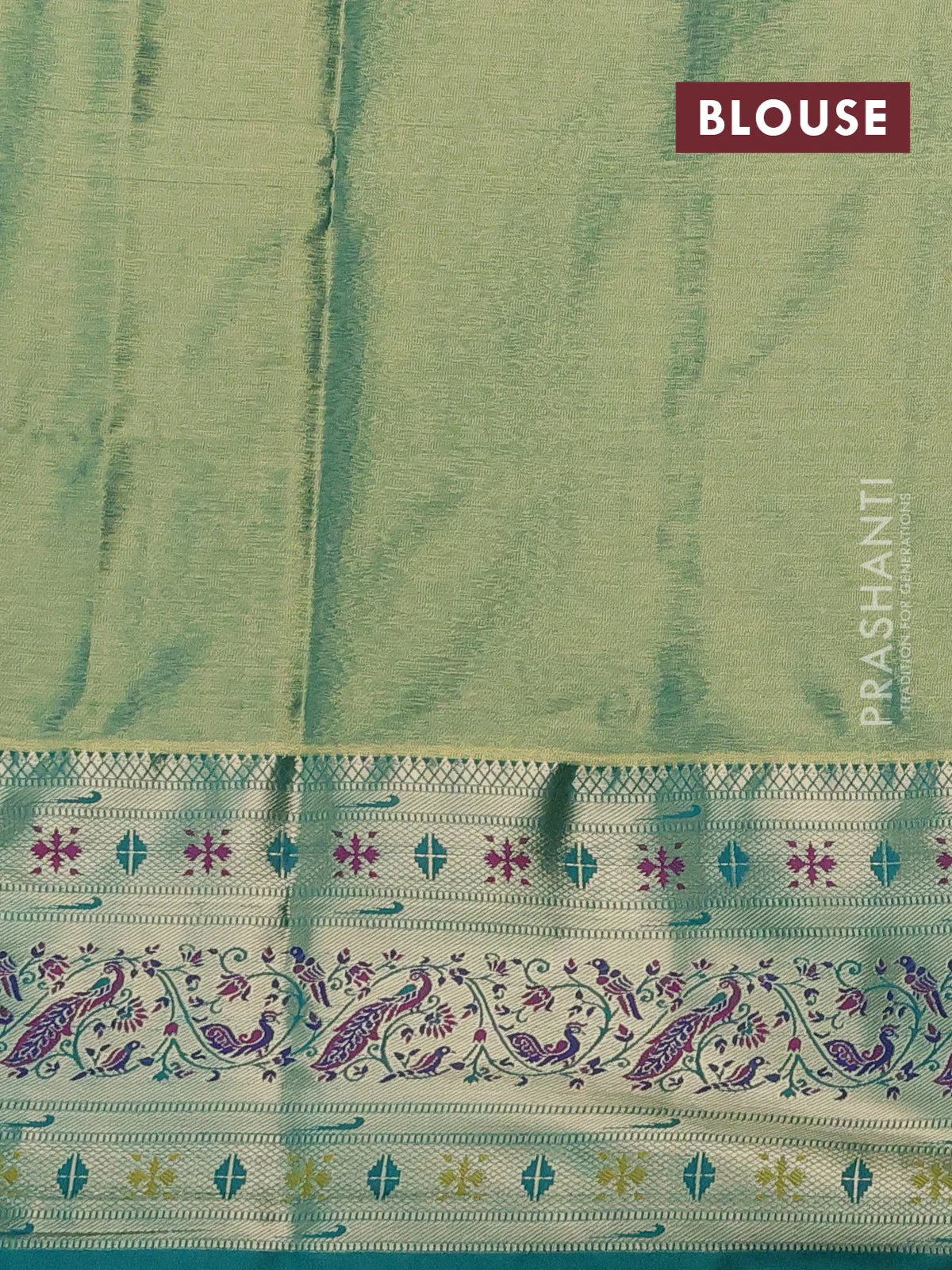 Tissue paithani silk saree light pink and teal green with allover silver zari woven brocade weaves and zari woven paithani style border - Image 3