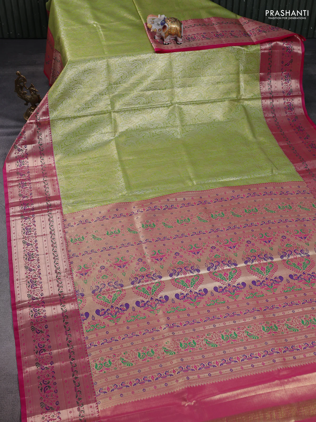Tissue paithani silk saree lime green and pink with allover zari woven brocade weaves and zari woven paithani style border - Image 2