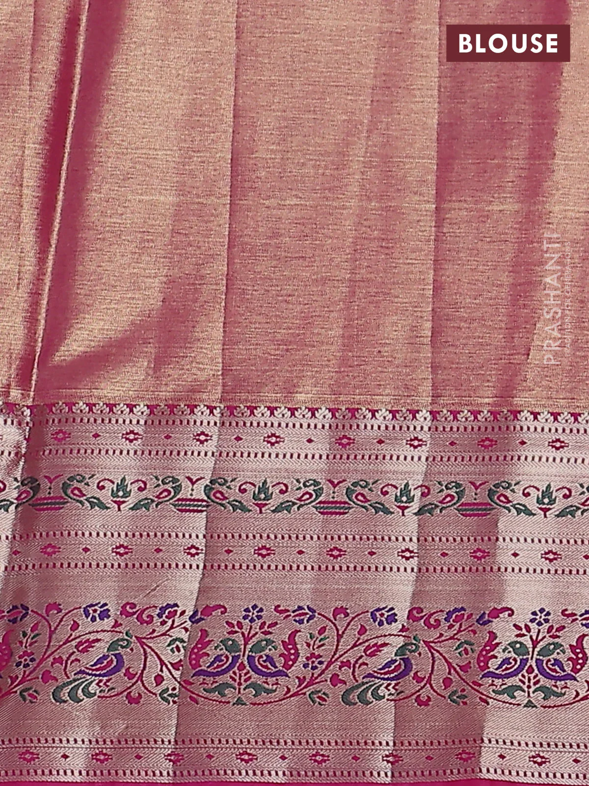 Tissue paithani silk saree lime green and pink with allover zari woven brocade weaves and zari woven paithani style border - Image 3