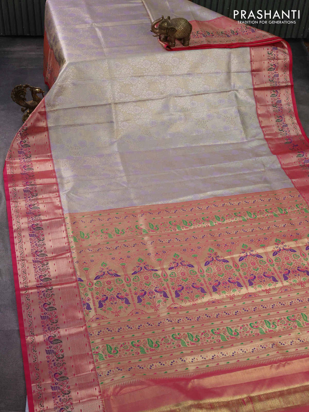 Tissue paithani silk saree mild lavender and pink with allover silver zari woven brocade weaves and zari woven paithani style border - Image 2