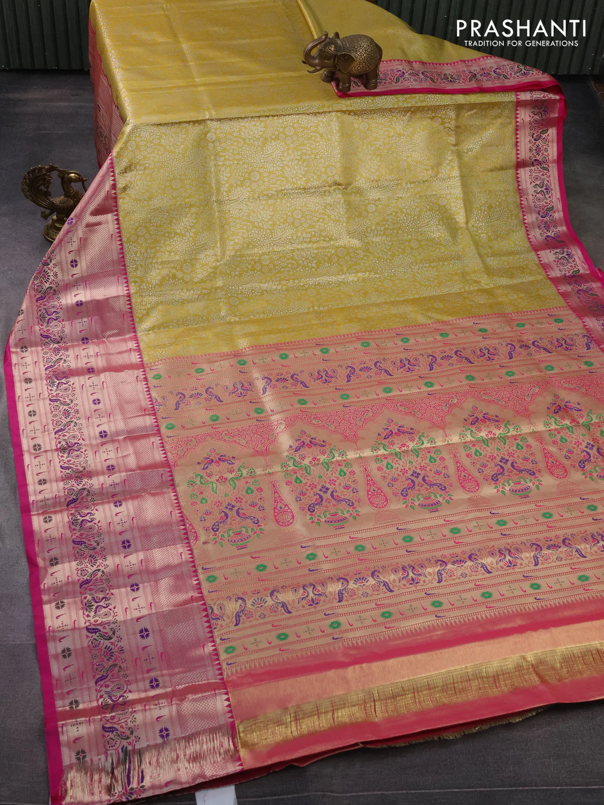 Tissue paithani silk saree mustard yellow and pink with allover silver zari woven brocade weaves and long zari woven paithani style border - Image 2
