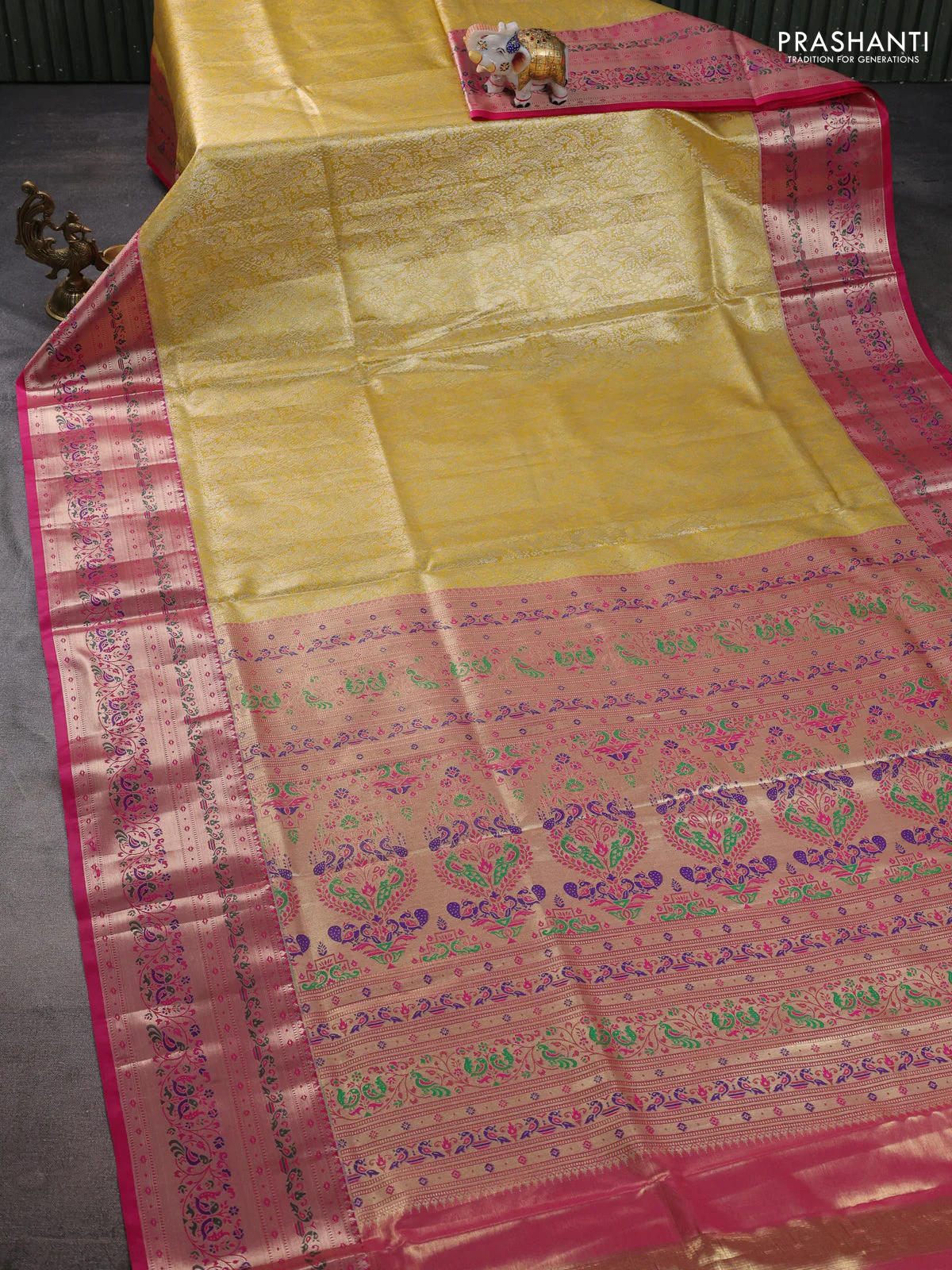Tissue paithani silk saree mustard yellow and pink with allover silver zari woven brocade weaves and zari woven paithani style border - Image 2