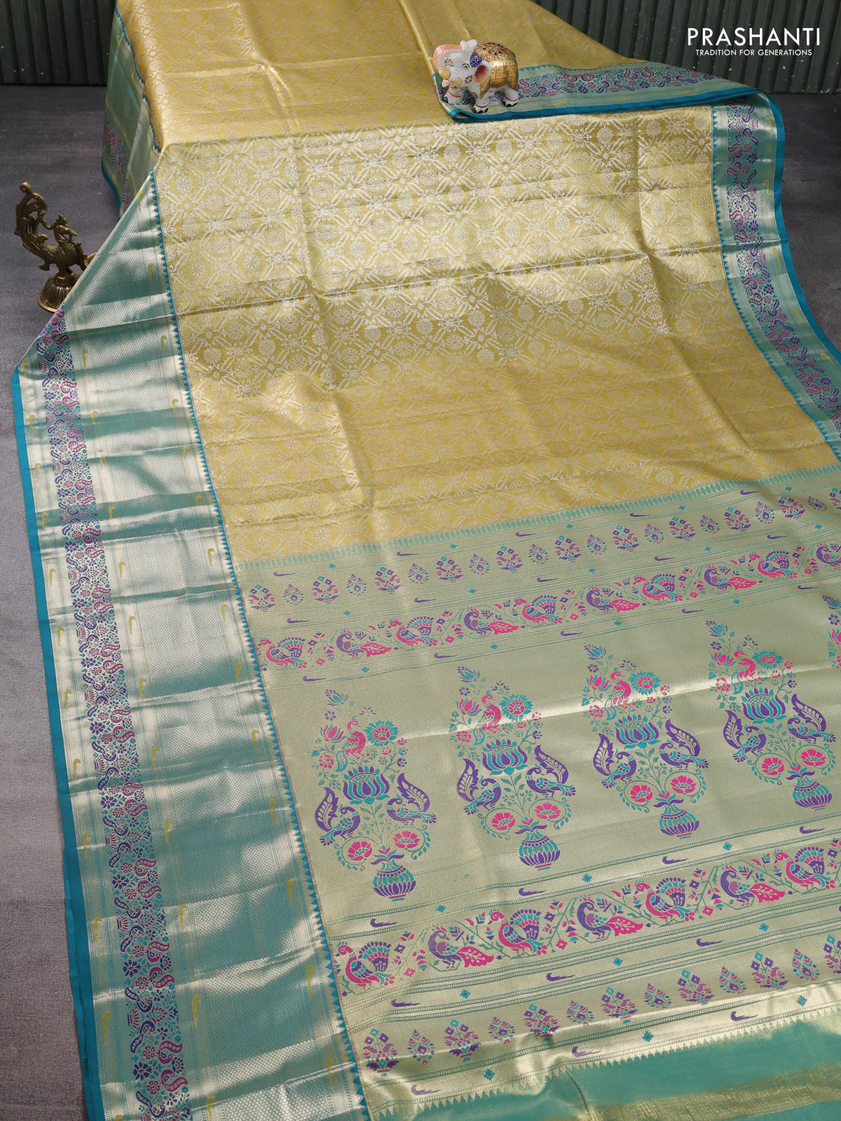 Tissue paithani silk saree mustard yellow and teal green with allover silver zari woven brocade weaves and long zari woven paithani style border - Image 2