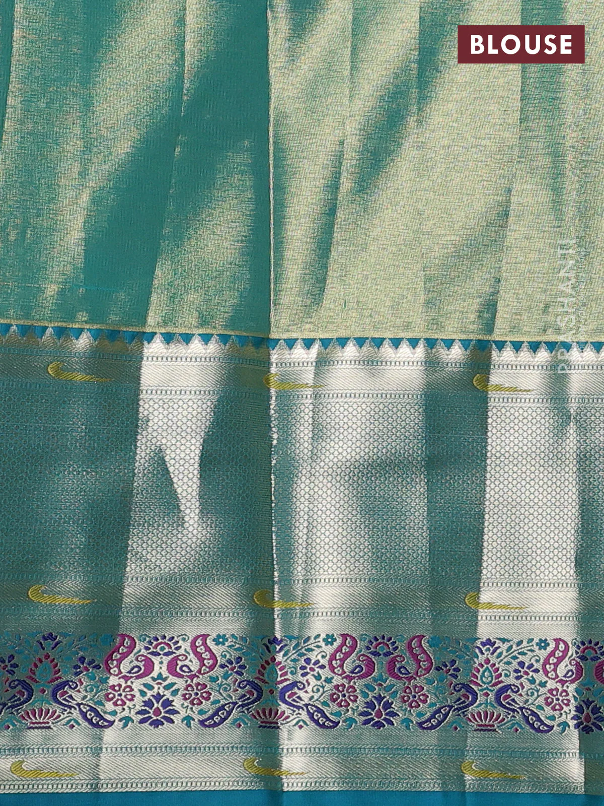 Tissue paithani silk saree mustard yellow and teal green with allover silver zari woven brocade weaves and long zari woven paithani style border - Image 3
