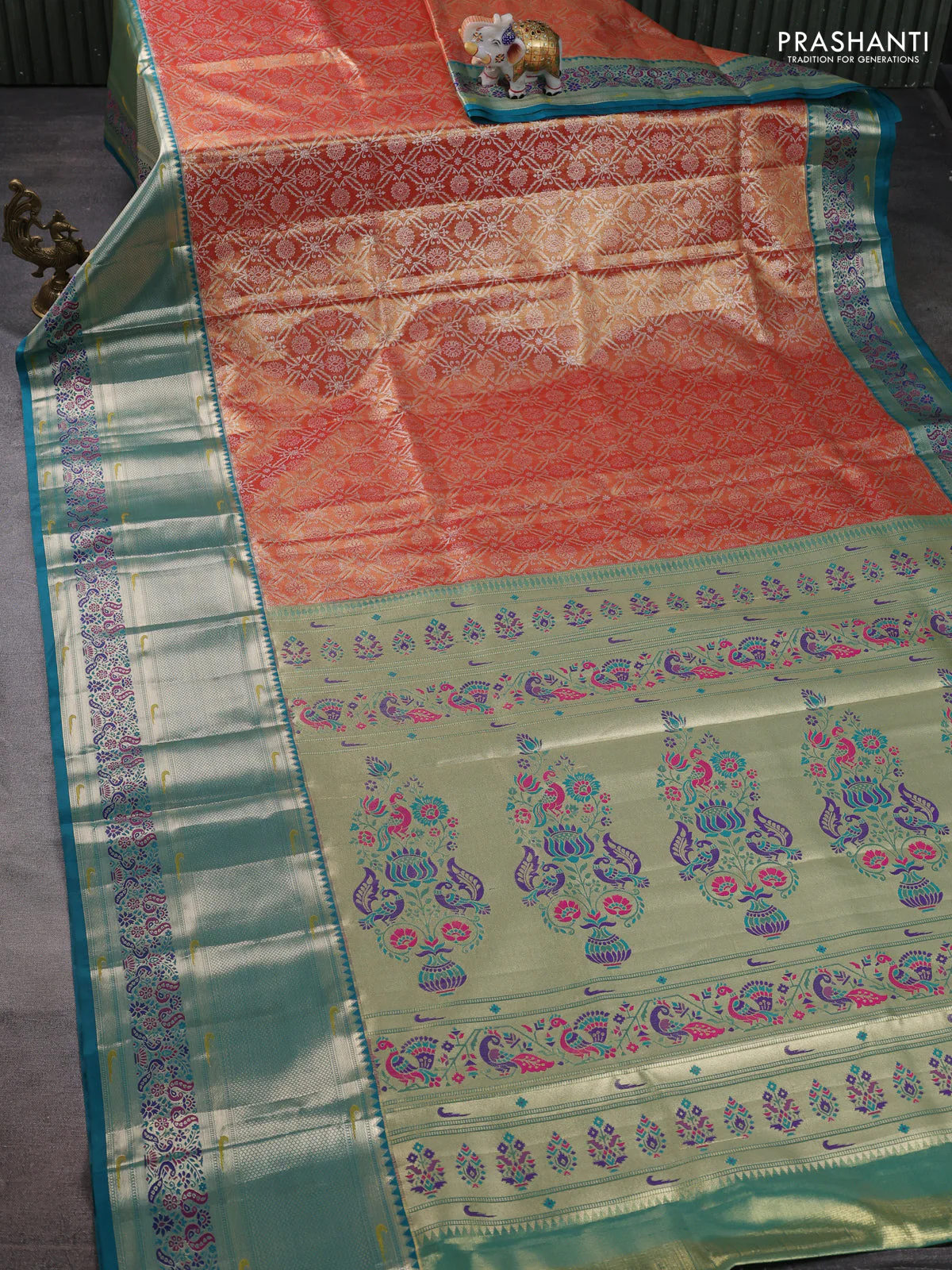 Tissue paithani silk saree orange shade and peacock green with allover silver zari woven brocade weaves and long zari woven paithani style border - Image 2