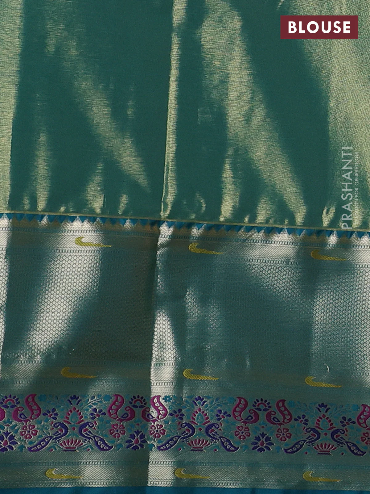 Tissue paithani silk saree orange shade and peacock green with allover silver zari woven brocade weaves and long zari woven paithani style border - Image 3