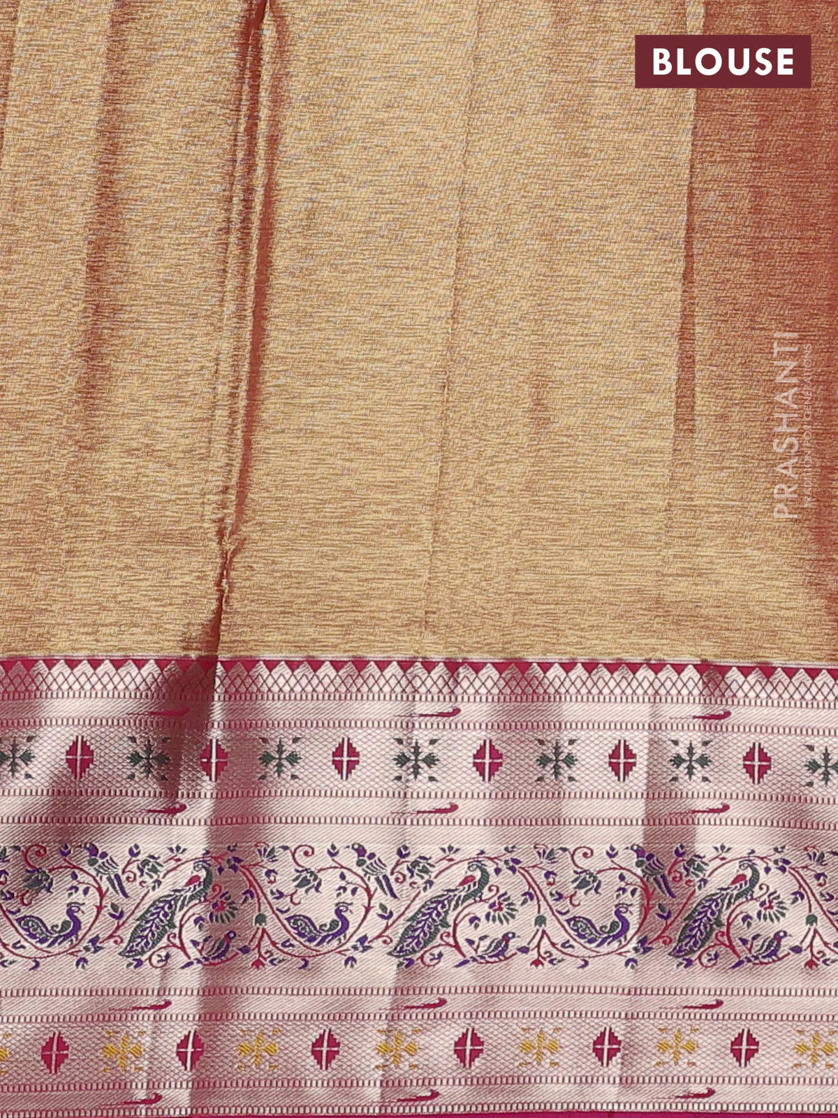 Tissue paithani silk saree pastel green and magenta pink with allover silver zari woven brocade weaves and zari woven paithani style border - Image 3