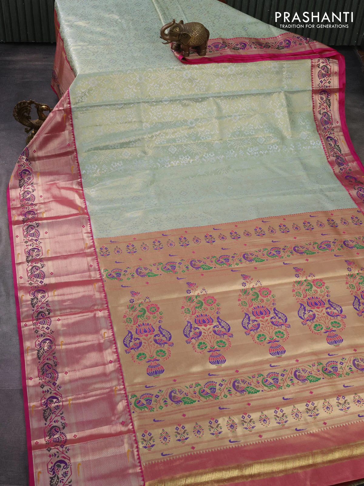 Tissue paithani silk saree pastel green and pink with allover silver zari woven brocade weaves and long zari woven paithani style border - Image 2