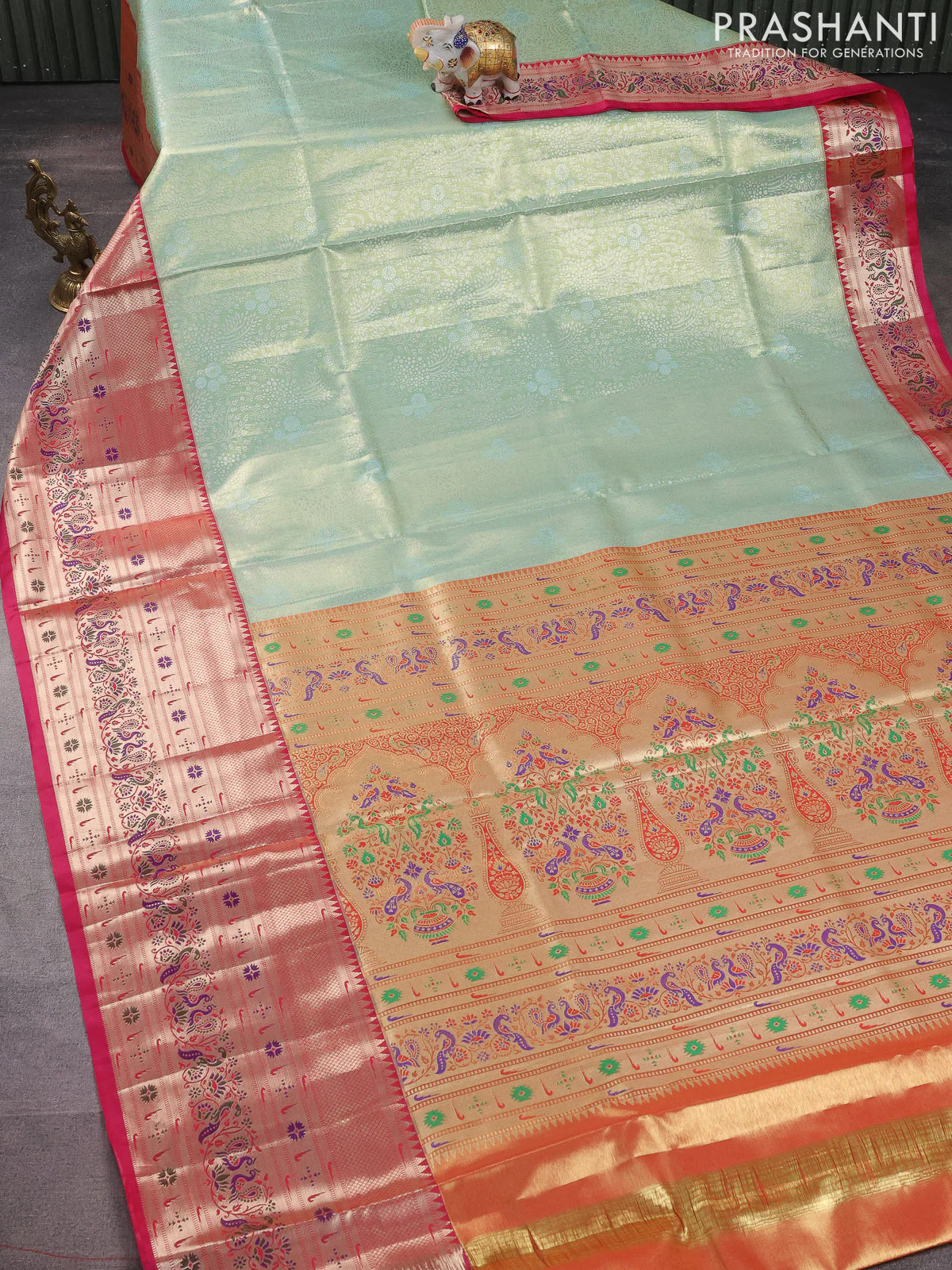 Tissue paithani silk saree pastel green and pink with allover silver zari woven brocade weaves and long zari woven paithani style border - Image 2
