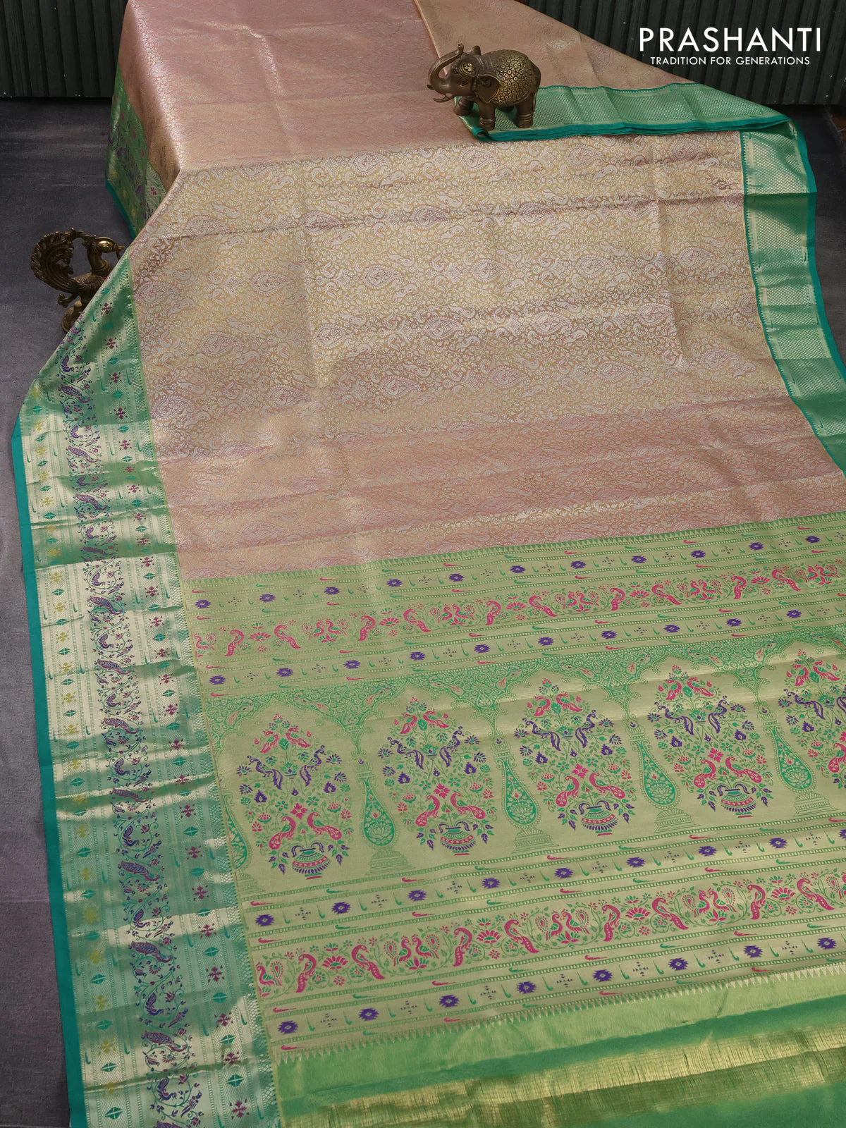 Tissue paithani silk saree pastel peach and teal green with allover silver zari woven brocade weaves and zari woven paithani style border - Image 2