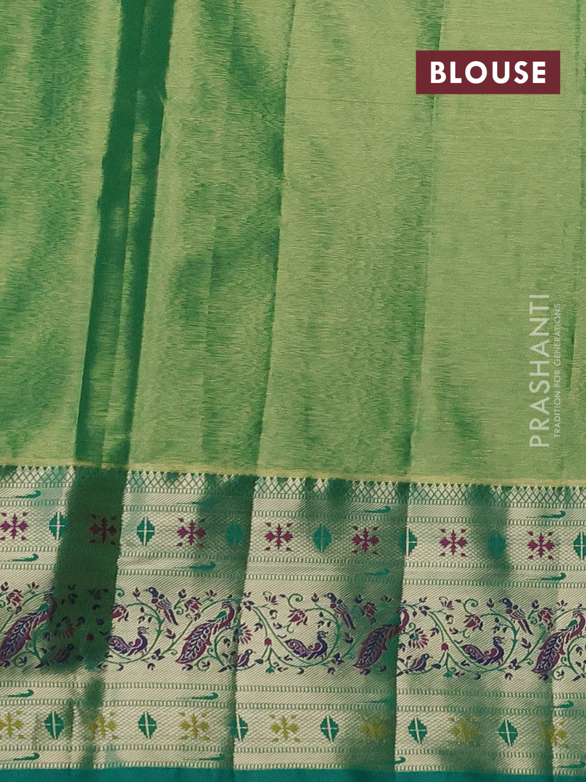 Tissue paithani silk saree pastel peach and teal green with allover silver zari woven brocade weaves and zari woven paithani style border - Image 3
