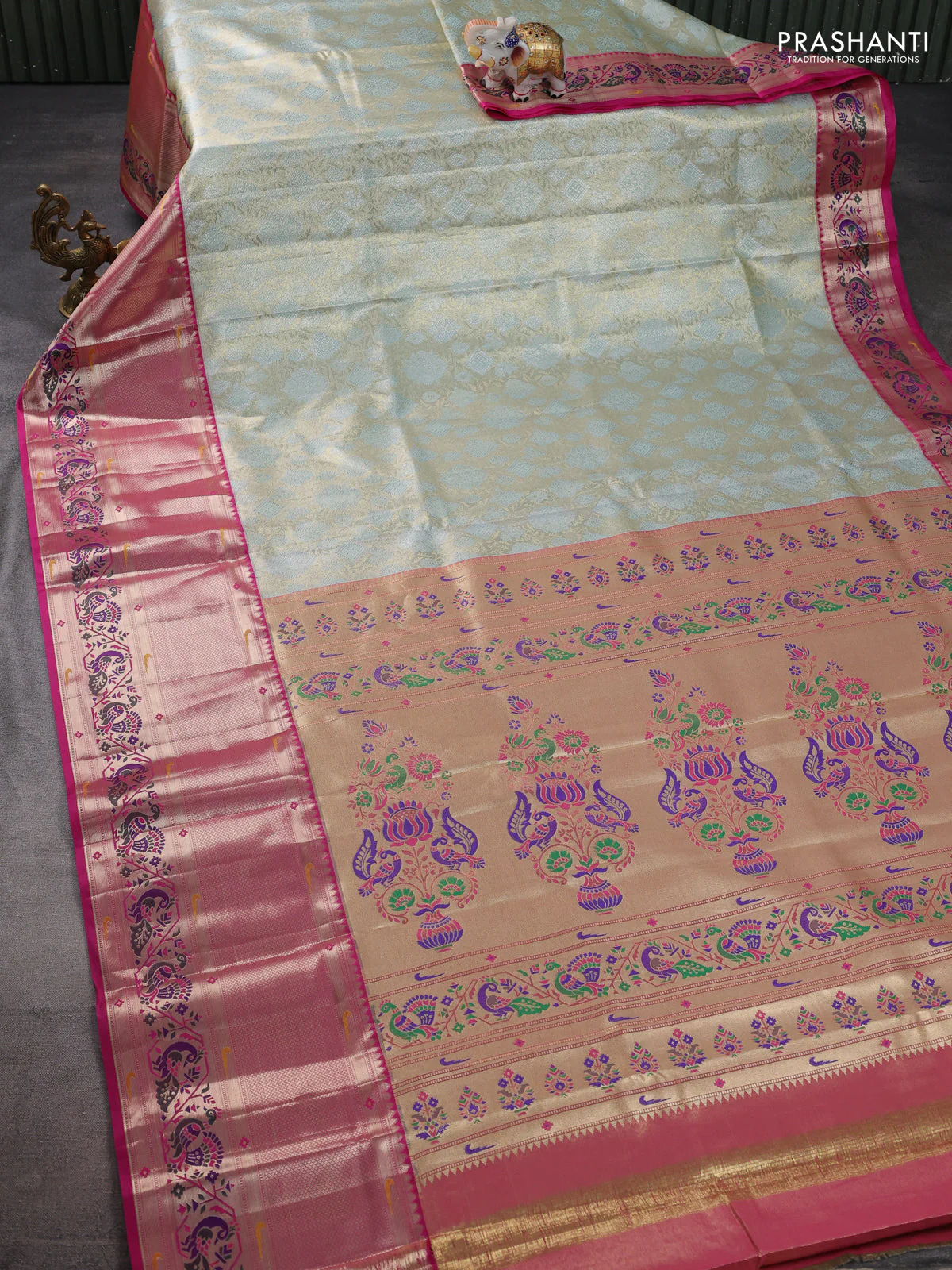 Tissue paithani silk saree pastel shade and pink with allover zari woven brocade weaves and long zari woven paithani style border - Image 2