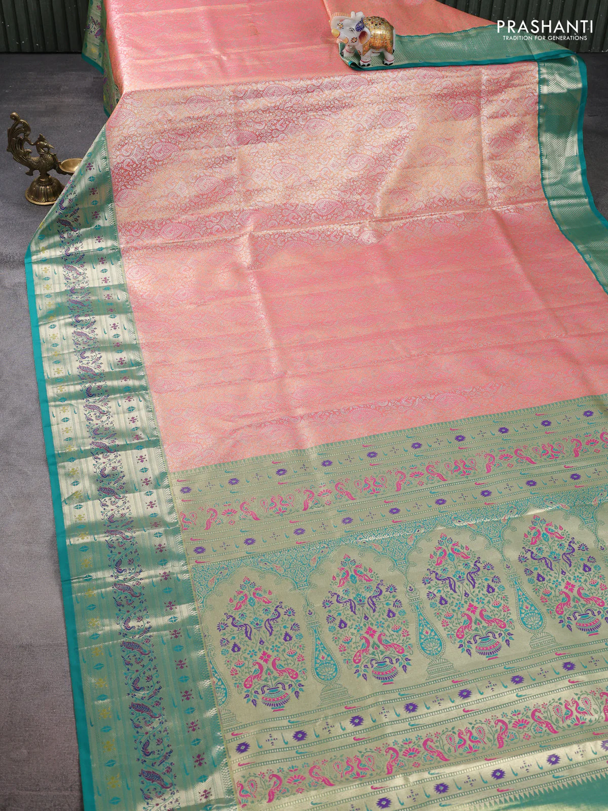 Tissue paithani silk saree peach pink and teal green with allover silver zari woven brocade weaves and zari woven paithani style border - Image 2