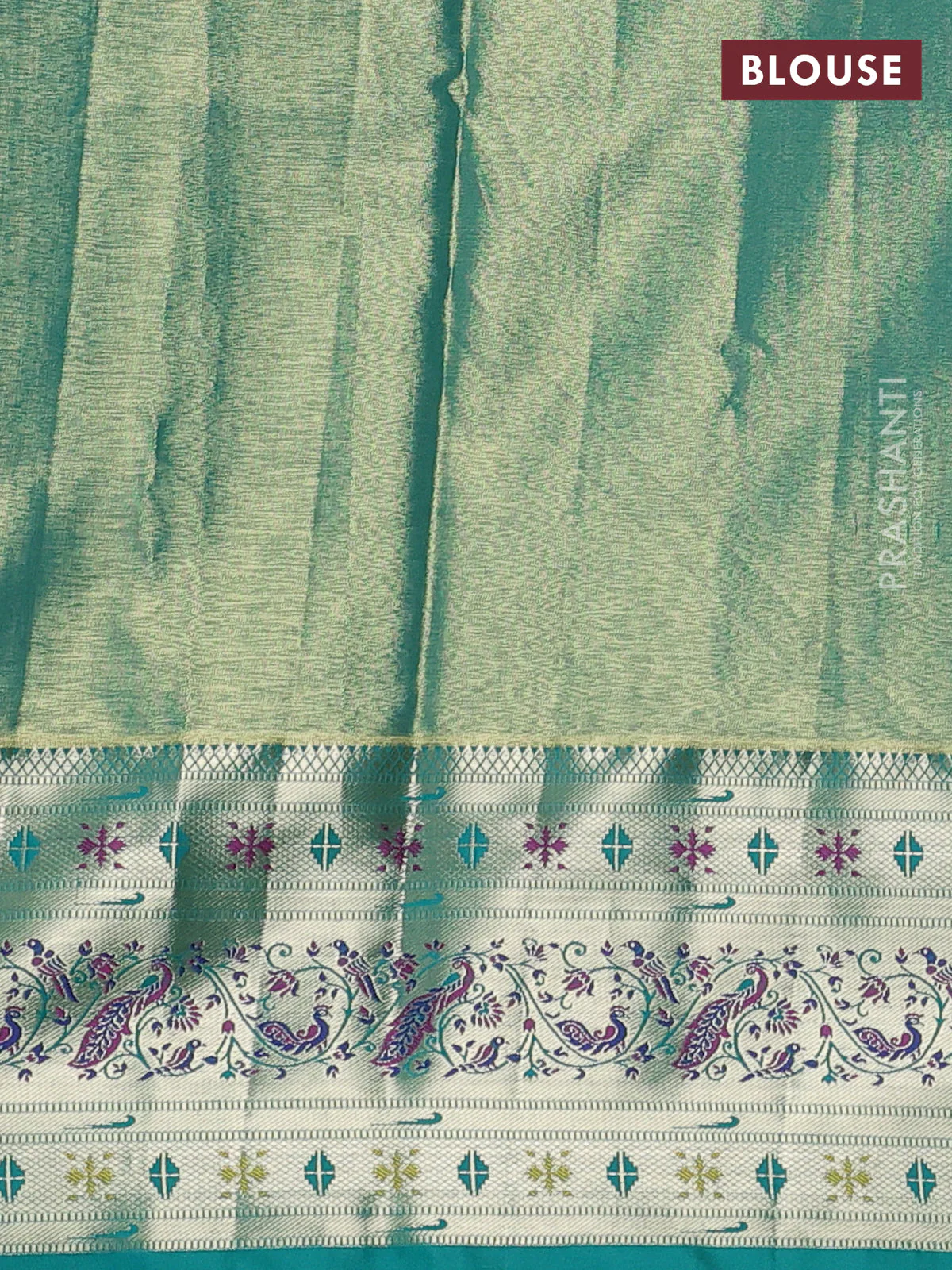 Tissue paithani silk saree peach pink and teal green with allover silver zari woven brocade weaves and zari woven paithani style border - Image 3